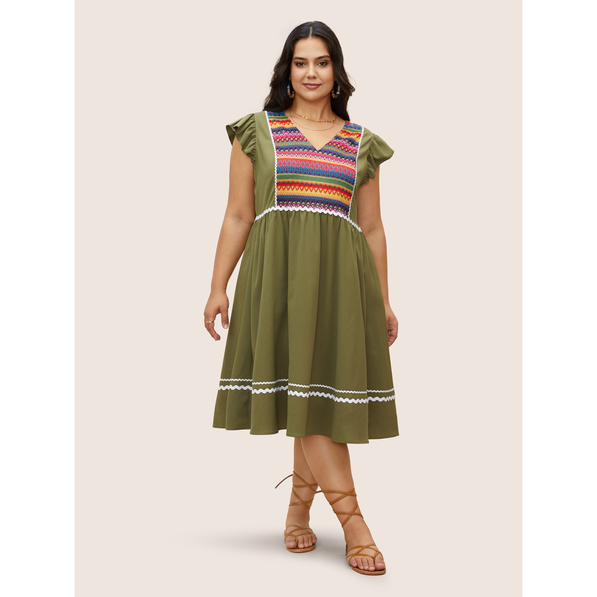 

Plus Size Color Embroidered Patchwork Flounce Sleeve Dress Sage Women Non V-neck Cap Sleeve Curvy Midi Dress BloomChic