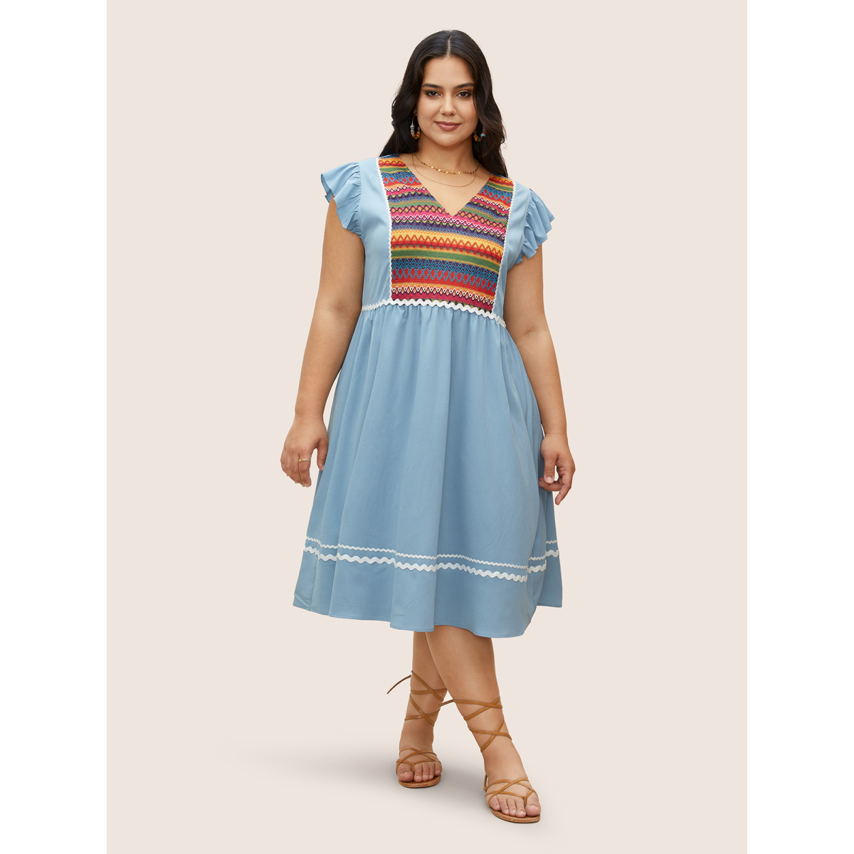 

Plus Size Color Embroidered Patchwork Flounce Sleeve Dress Stone Women Non V-neck Cap Sleeve Curvy Midi Dress BloomChic