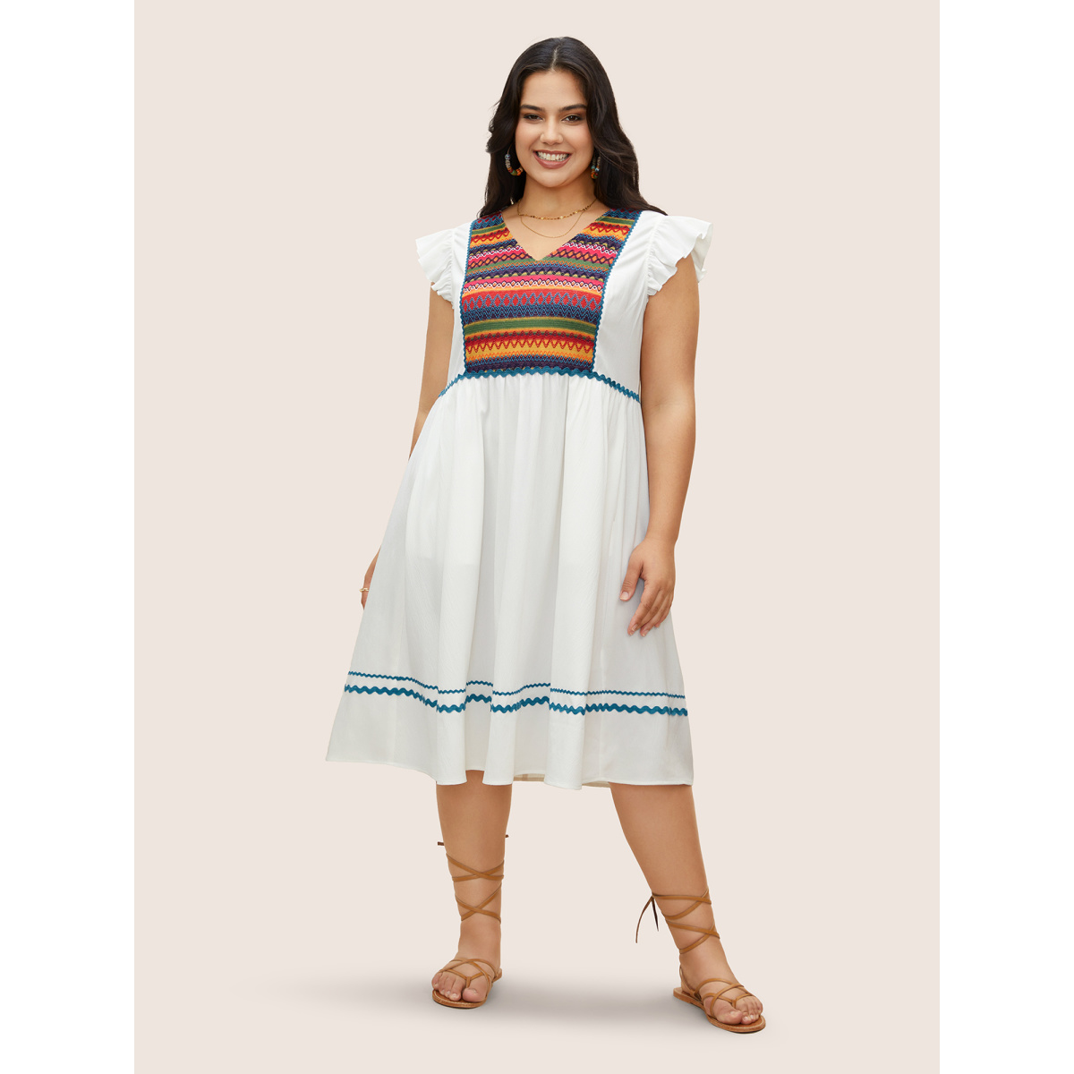 

Plus Size Color Embroidered Patchwork Flounce Sleeve Dress White Women Non V-neck Cap Sleeve Curvy Midi Dress BloomChic