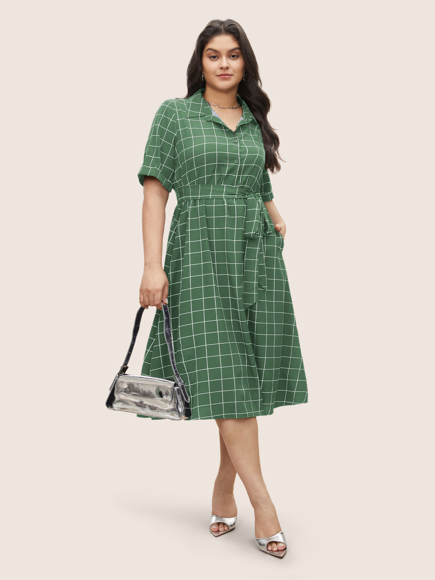 

Plus Size Plaid Belted Shirt Collar Cuffed Sleeve Dress Palemauve Women At the Office Non Shirt collar Short sleeve Curvy Midi Dress BloomChic