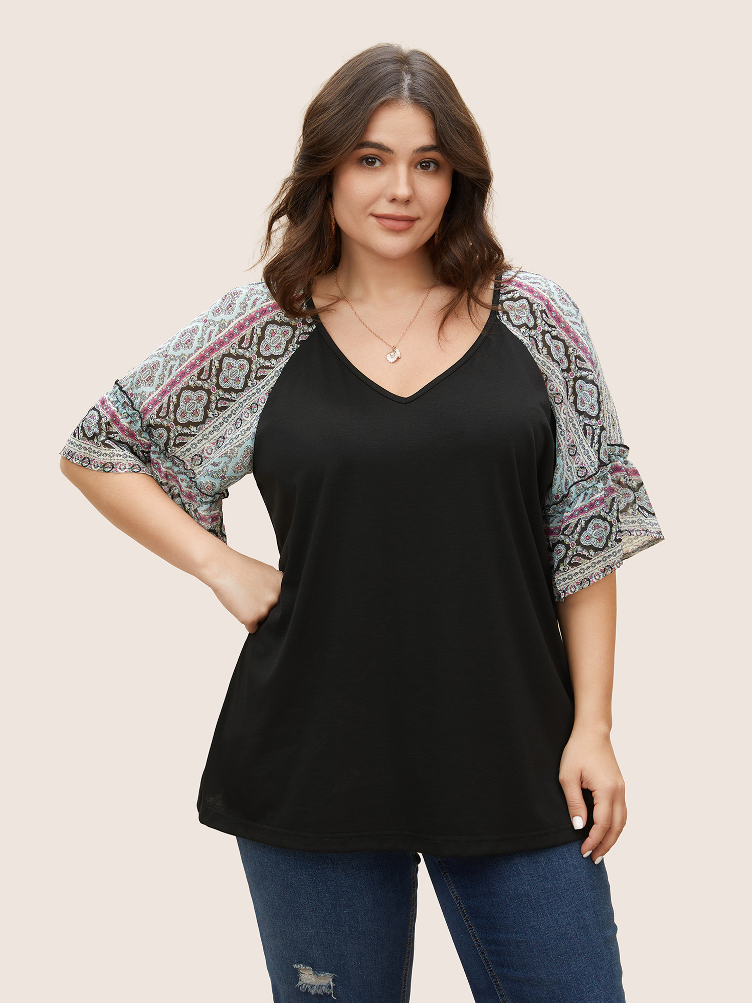 

Boho Print Patchwork Raglan Sleeve T-shirt, Black