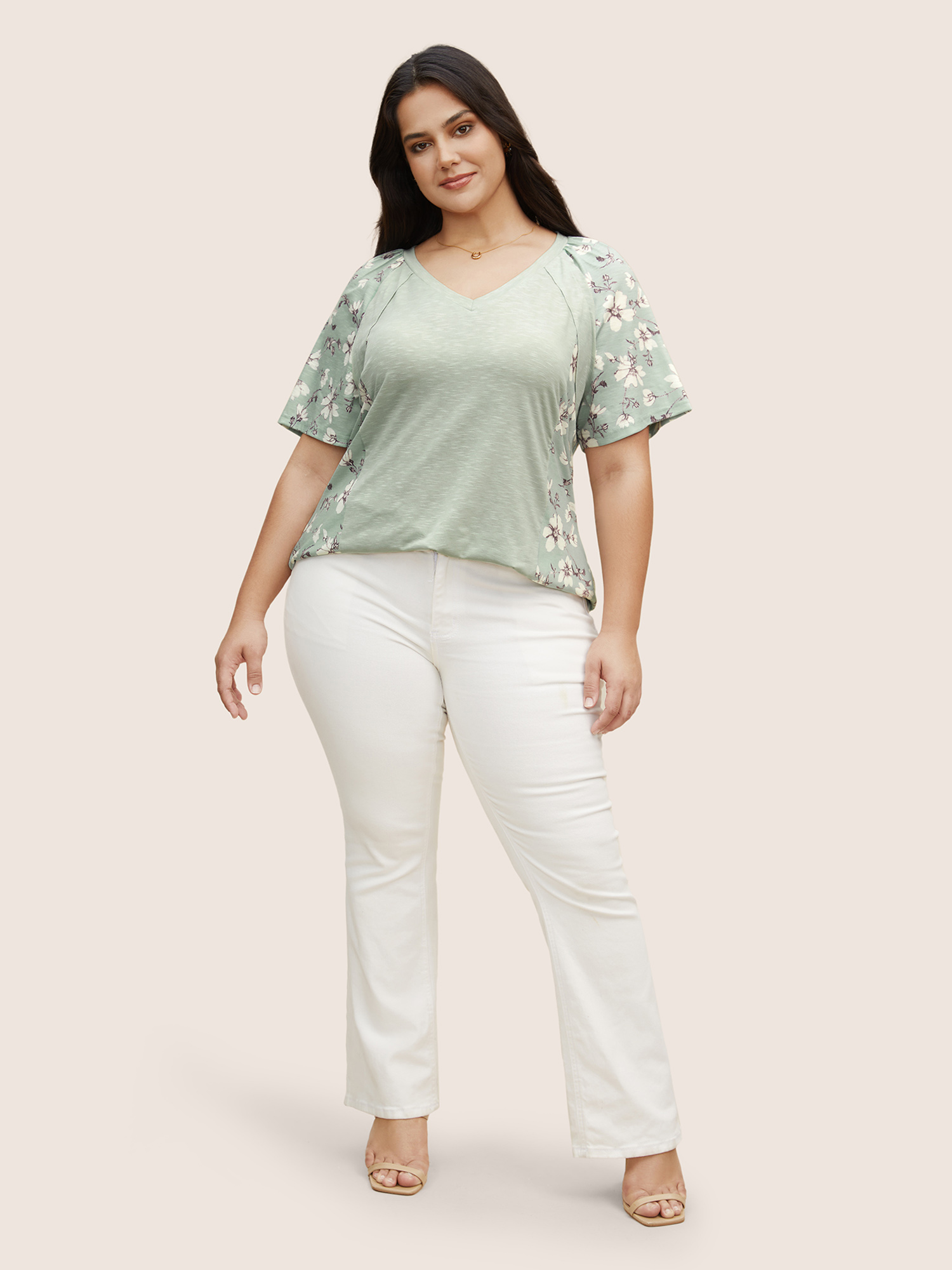 Plus Size Floral Patchwork Pleated Raglan Sleeve T-shirt LightGreen Women Elegant Contrast Natural Flowers V-neck Everyday T-shirts BloomChic 30/6X 