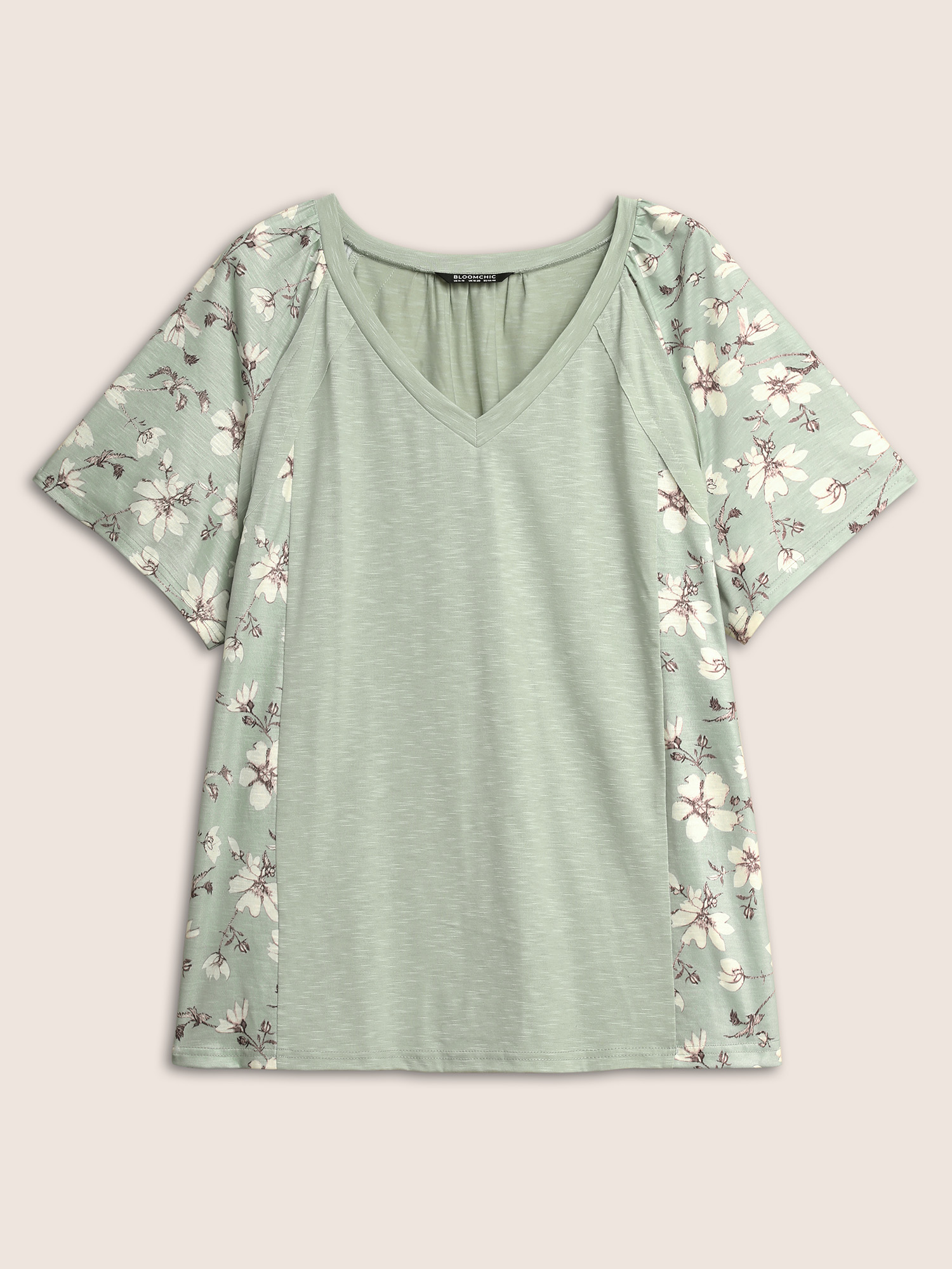 Plus Size Floral Patchwork Pleated Raglan Sleeve T-shirt LightGreen Women Elegant Contrast Natural Flowers V-neck Everyday T-shirts BloomChic 30/6X 