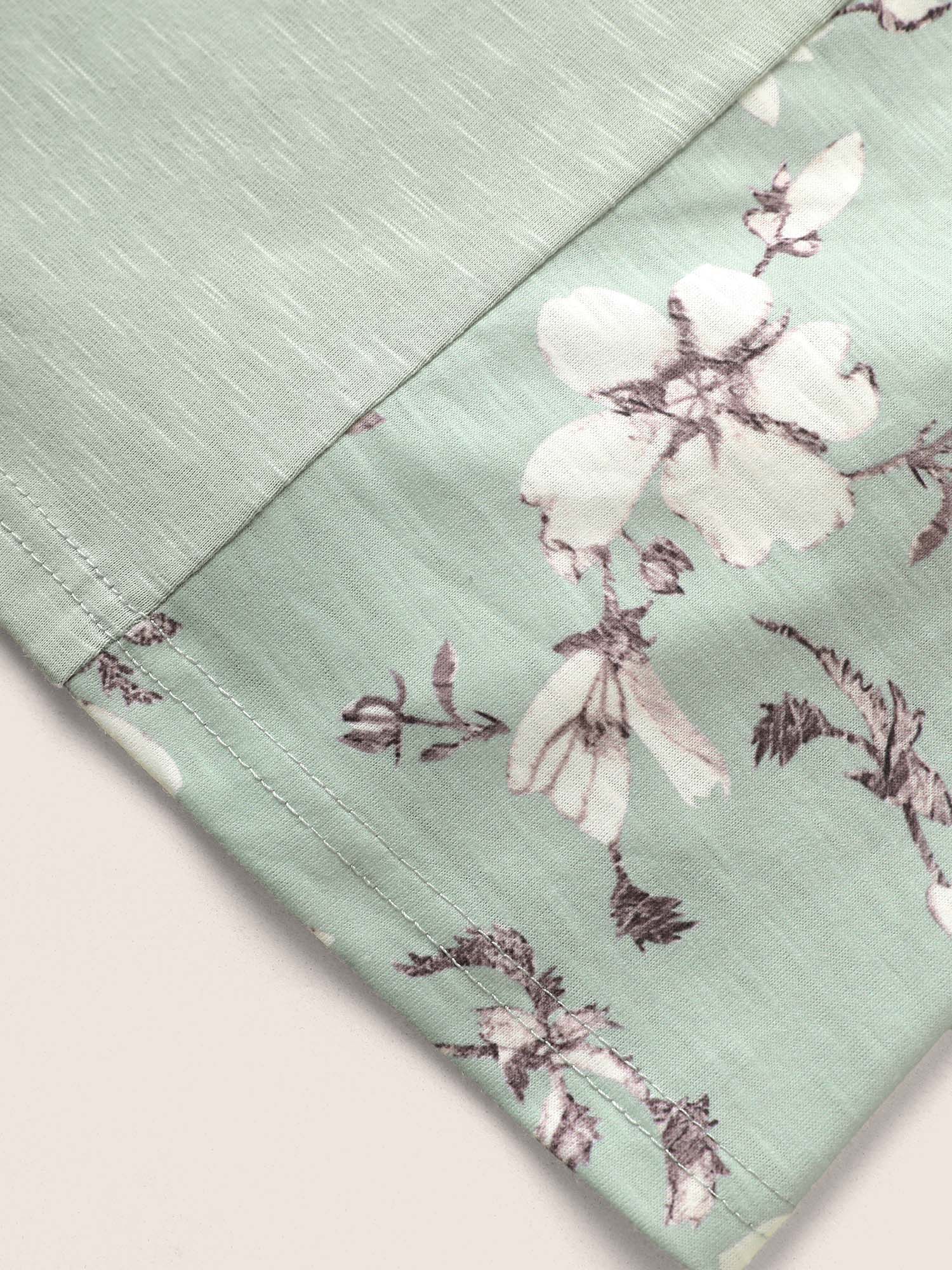 Plus Size Floral Patchwork Pleated Raglan Sleeve T-shirt LightGreen Women Elegant Contrast Natural Flowers V-neck Everyday T-shirts BloomChic 30/6X 