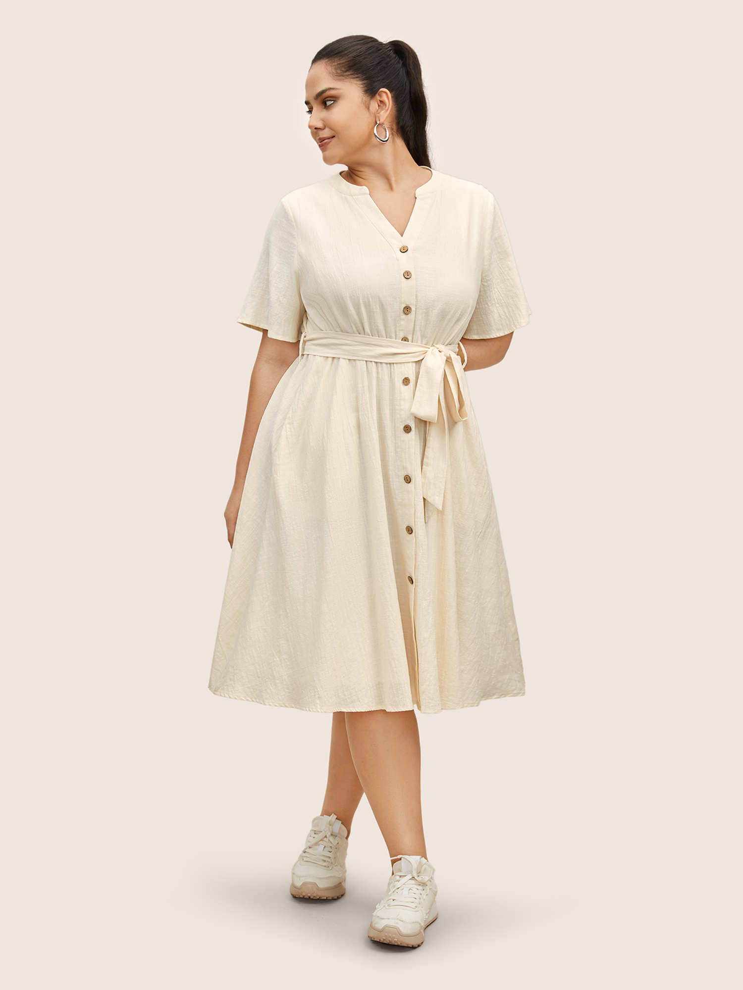 

Plus Size Notched Collar Plain Button Detail Belted Dress Ivory Women Casual Belted Notched collar Half Sleeve Curvy BloomChic