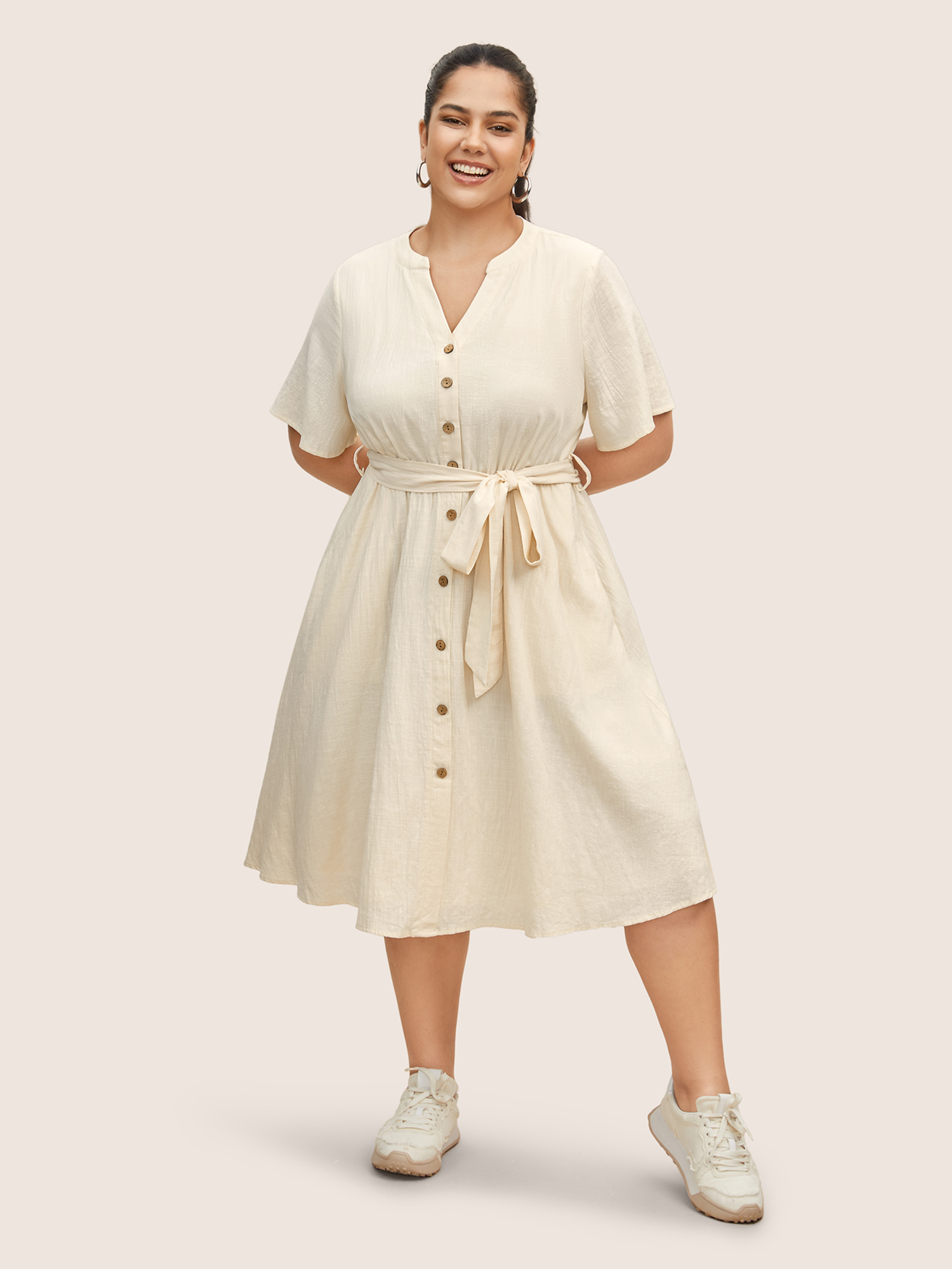 

Plus Size Notched Collar Plain Button Detail Belted Dress Ivory Women Belted Notched collar Half Sleeve Curvy BloomChic