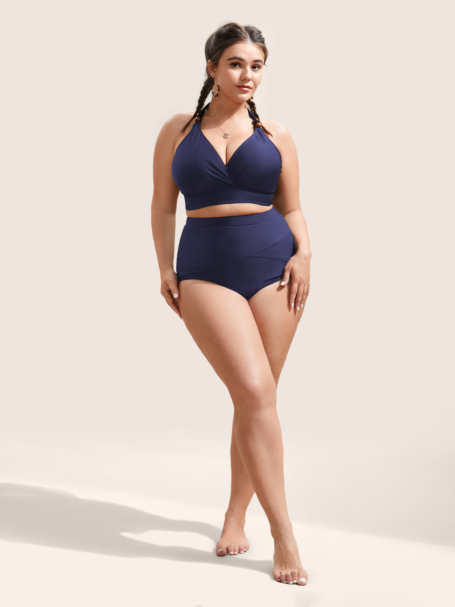 Plus Size Plain V Neck High Stretch Tie Knot Swim Top Women`s Swimwear Indigo Beach Tie knot High stretch Skinny Overlap Collar Curve Swim Tops BloomChic 26/4X 