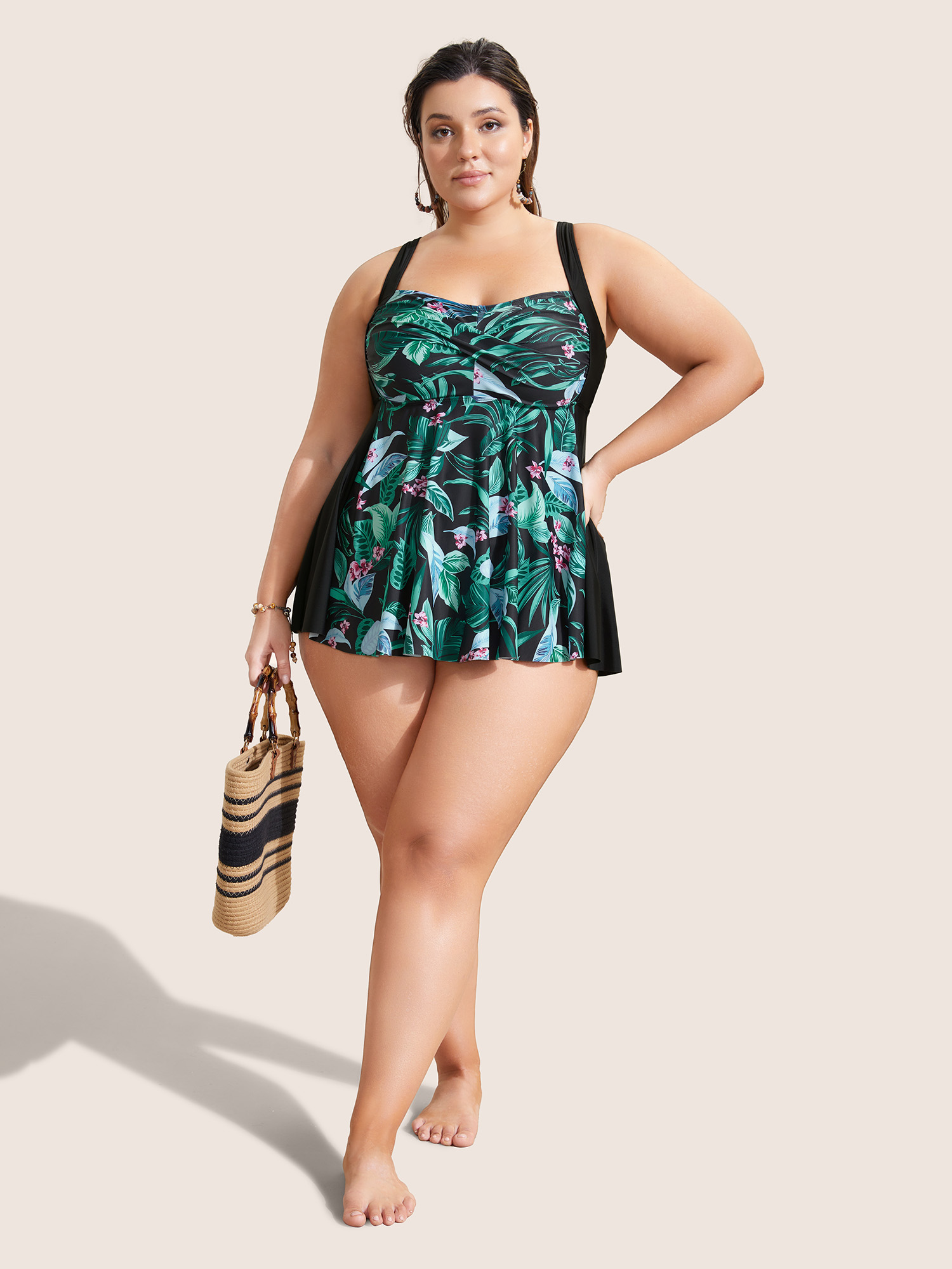 Plus Size Tropical Print Crossover Swim Top Women`s Swimwear Multicolor Beach Twist High stretch Bodycon Heart neckline Curve Swim Tops BloomChic 28/5X 