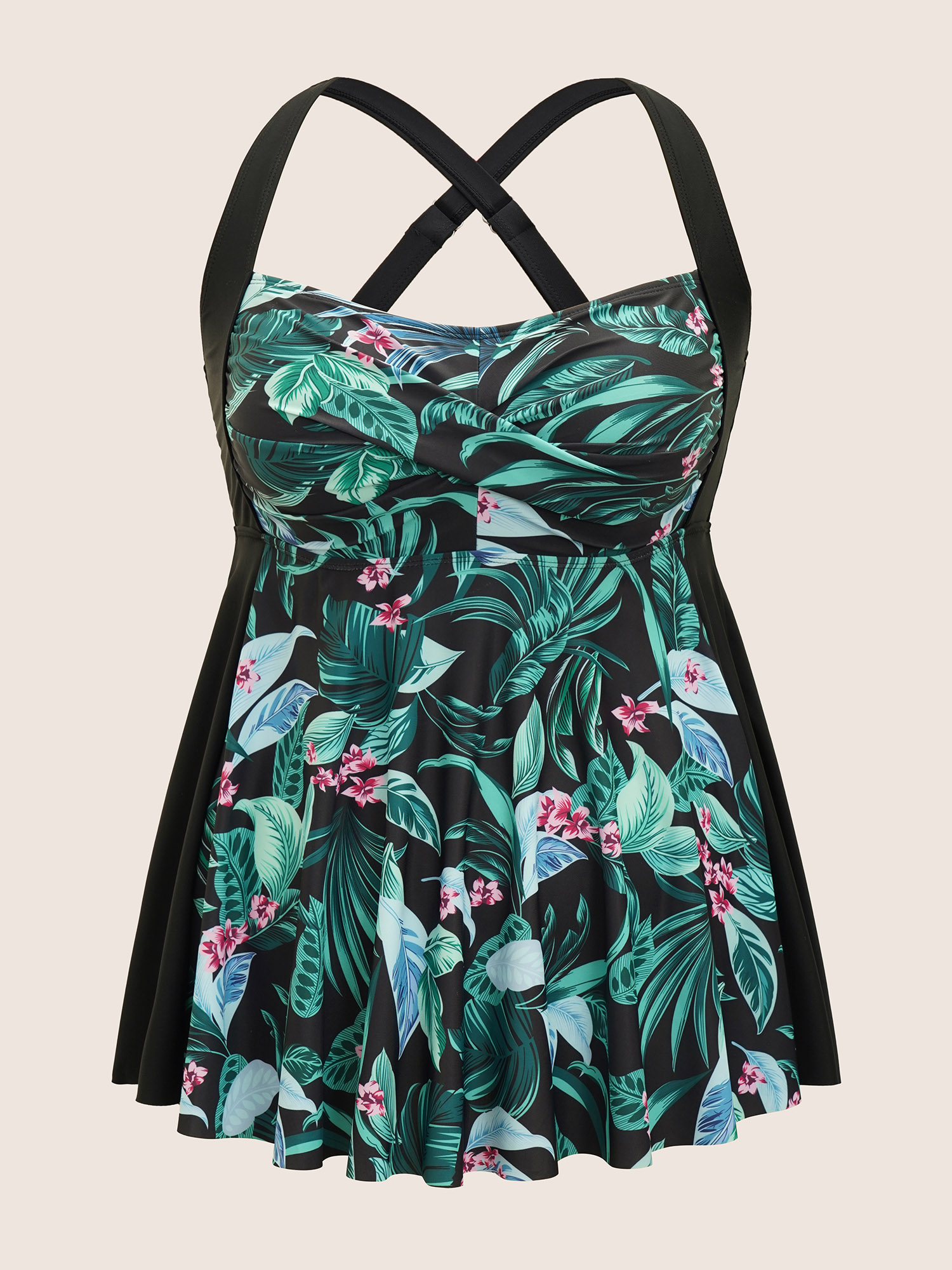 Plus Size Tropical Print Crossover Swim Top Women`s Swimwear Multicolor Beach Twist High stretch Bodycon Heart neckline Curve Swim Tops BloomChic 28/5X 