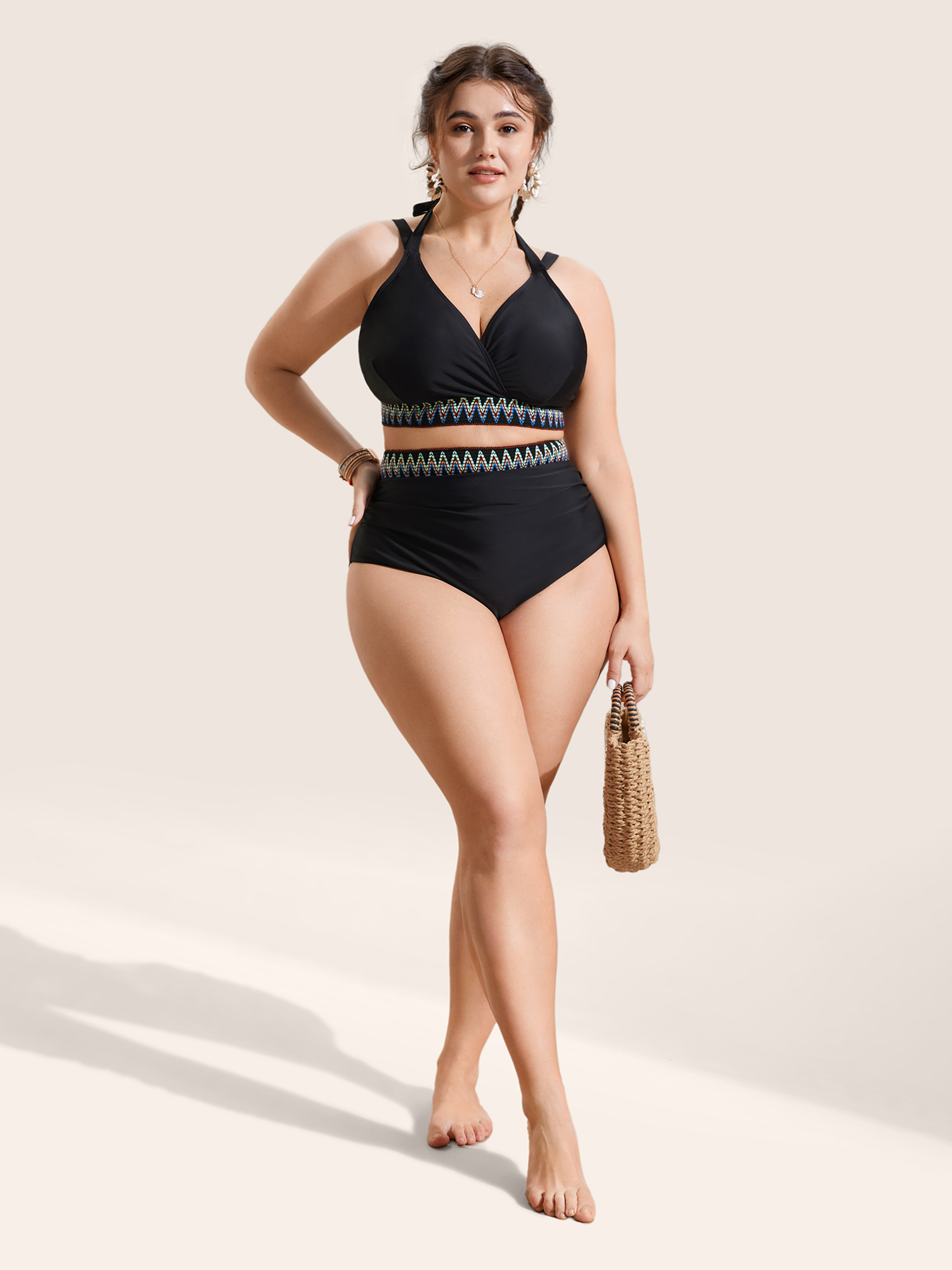 Plus Size Embroidered Wrap Tie Knot Swim Top Women`s Swimwear Black Beach Woven ribbon&lace trim High stretch Skinny Overlap Collar Curve Swim Tops BloomChic 22-24/3X 