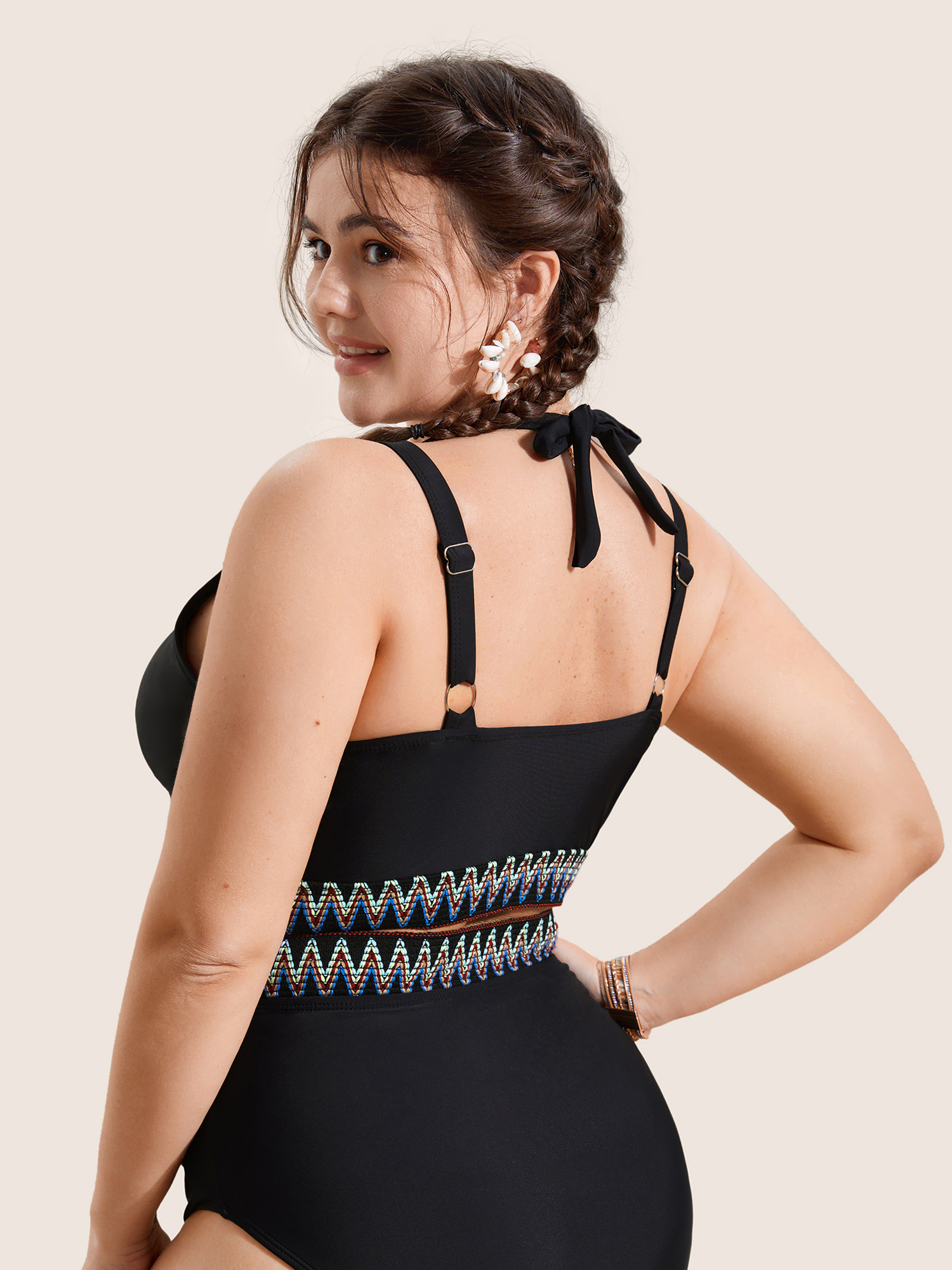 Plus Size Embroidered Wrap Tie Knot Swim Top Women`s Swimwear Black Beach Woven ribbon&lace trim High stretch Skinny Overlap Collar Curve Swim Tops BloomChic 22-24/3X 