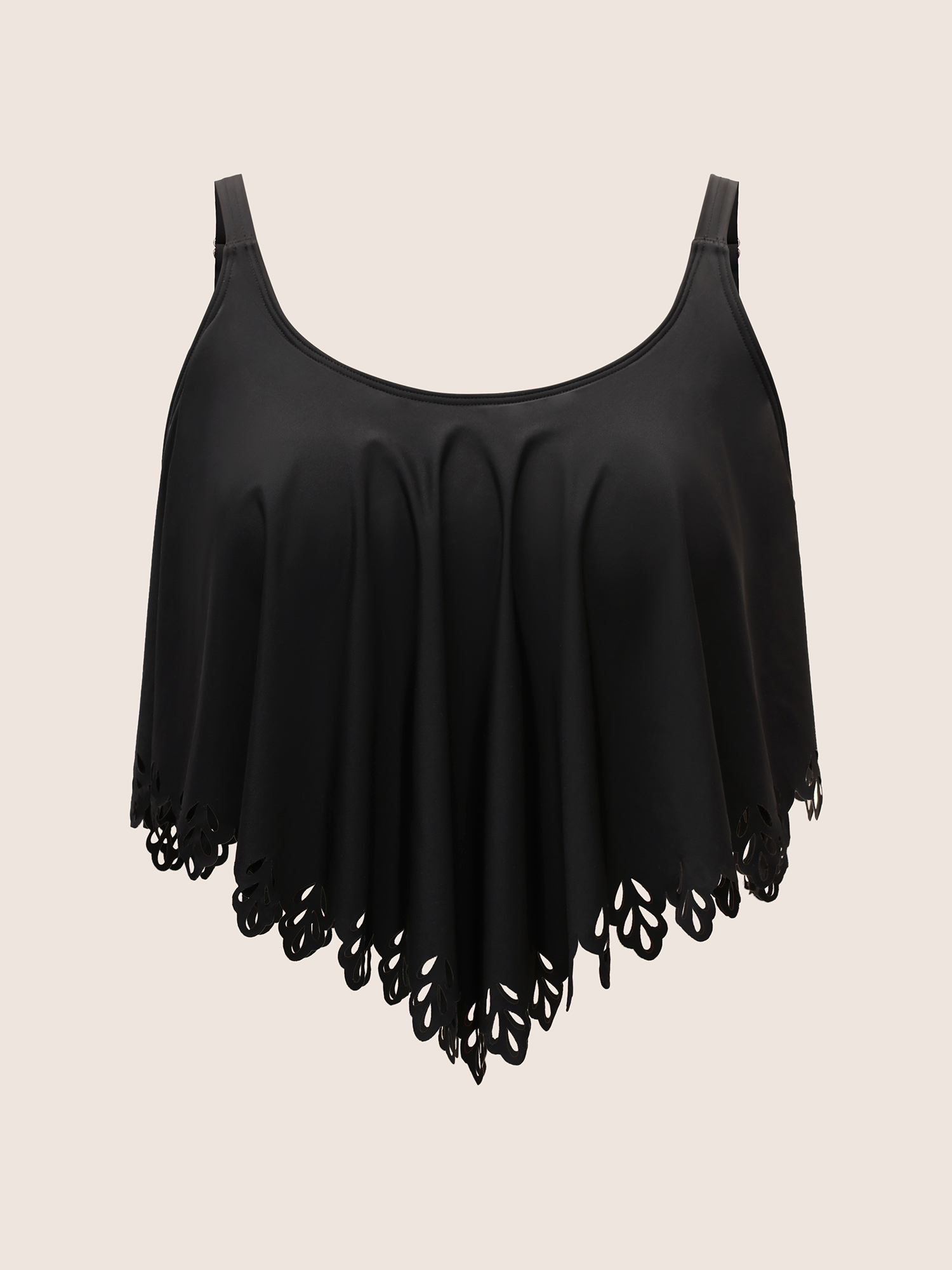 Plus Size Solid Ruffle Trim Laser Cut Swim Top Women`s Swimwear Black Beach Cut-Out High stretch Bodycon U-neck Curve Swim Tops BloomChic 14-16/1X 