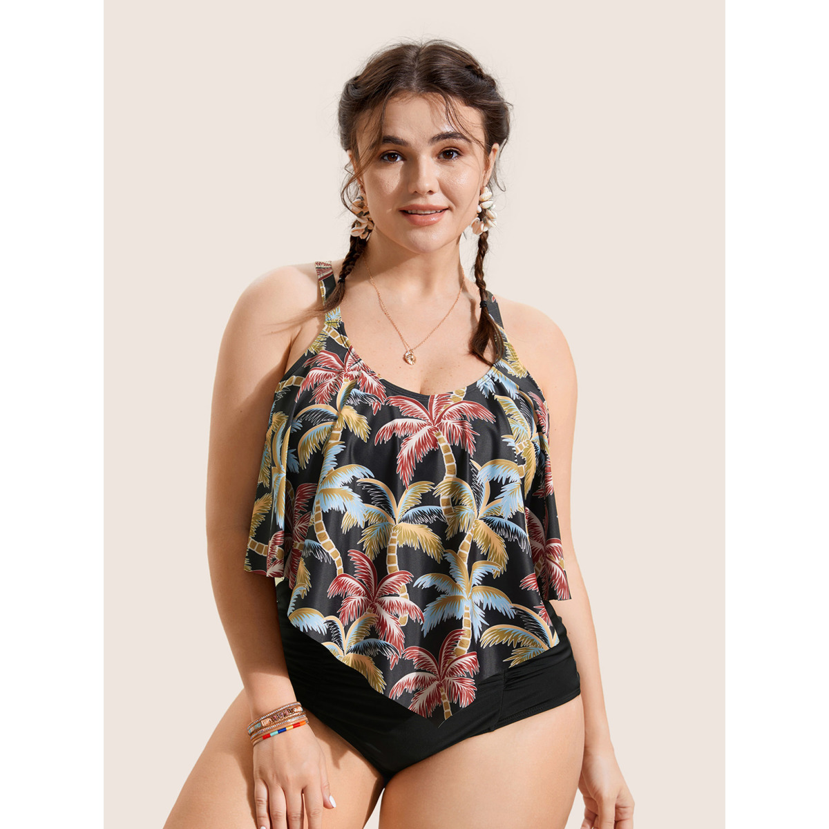 

Plus Size Tropical Coconut Tree Print Ruffle Trim Swim Top Women's Swimwear Black Beach Asymmetrical High stretch Bodycon U-neck Curve Swim Tops BloomChic