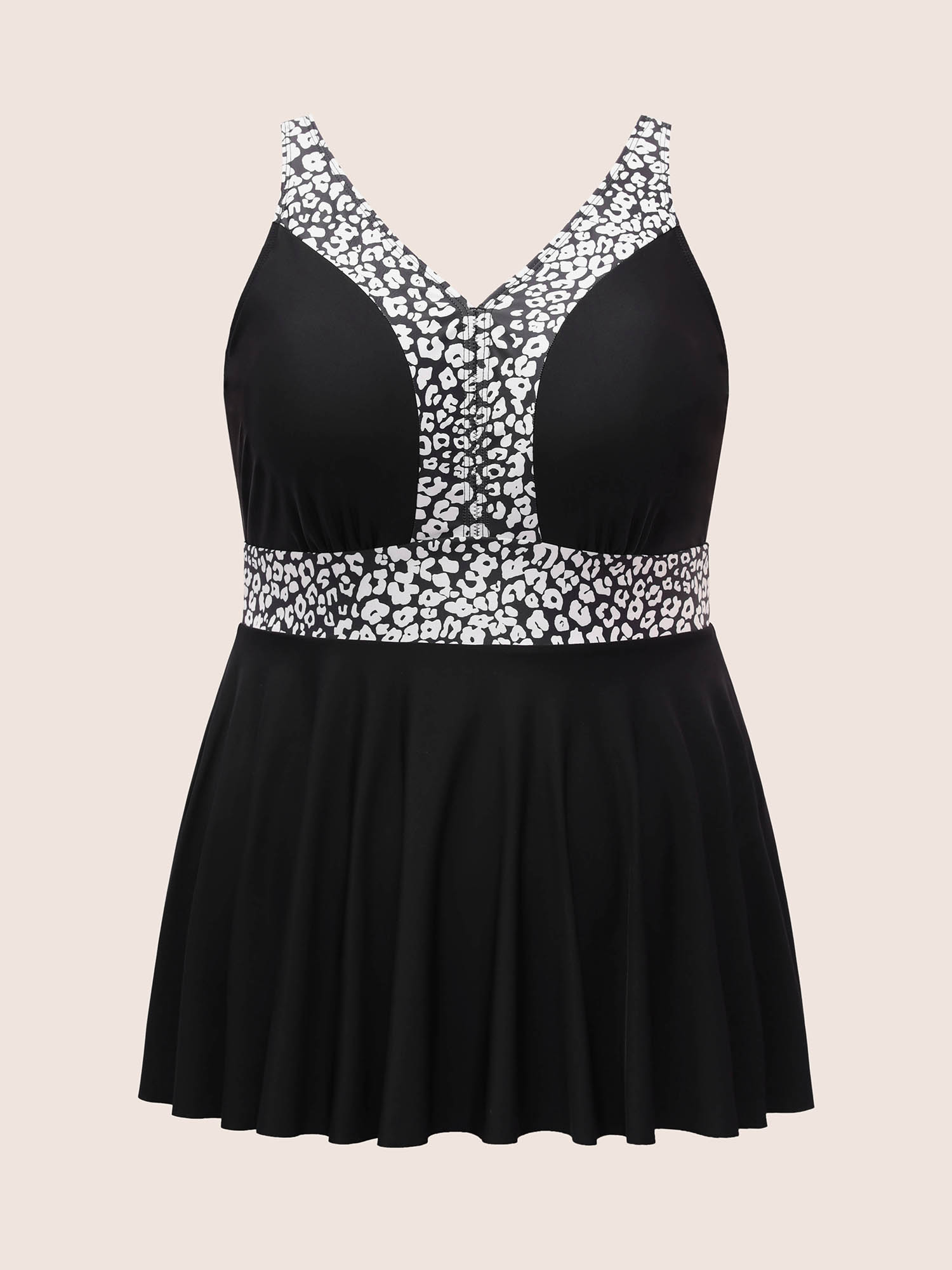 Plus Size Leopard Print Patchwork V Neck Swim Top Women`s Swimwear Black Beach Contrast High stretch Skinny V-neck Curve Swim Tops BloomChic 28/5X 