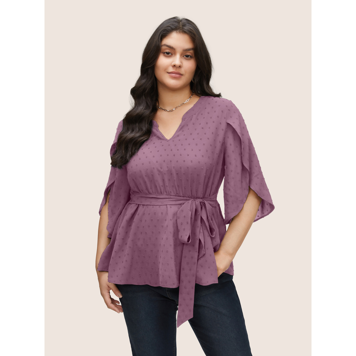 

Plus Size Mauve Plain Textured Petal Sleeve Ties Blouse Women Work From Home Elbow-length sleeve Flat collar with V-notch Work Blouses BloomChic