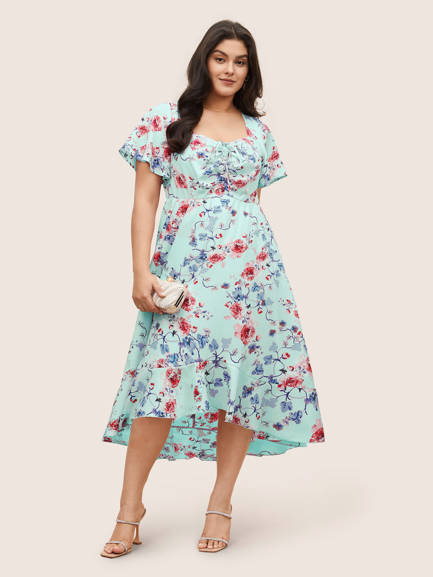 

Plus Size Square Neck Floral Print Gathered Drawstring Dress LightBlue Women Elegant Non Square Neck Short sleeve Curvy Midi Dress BloomChic