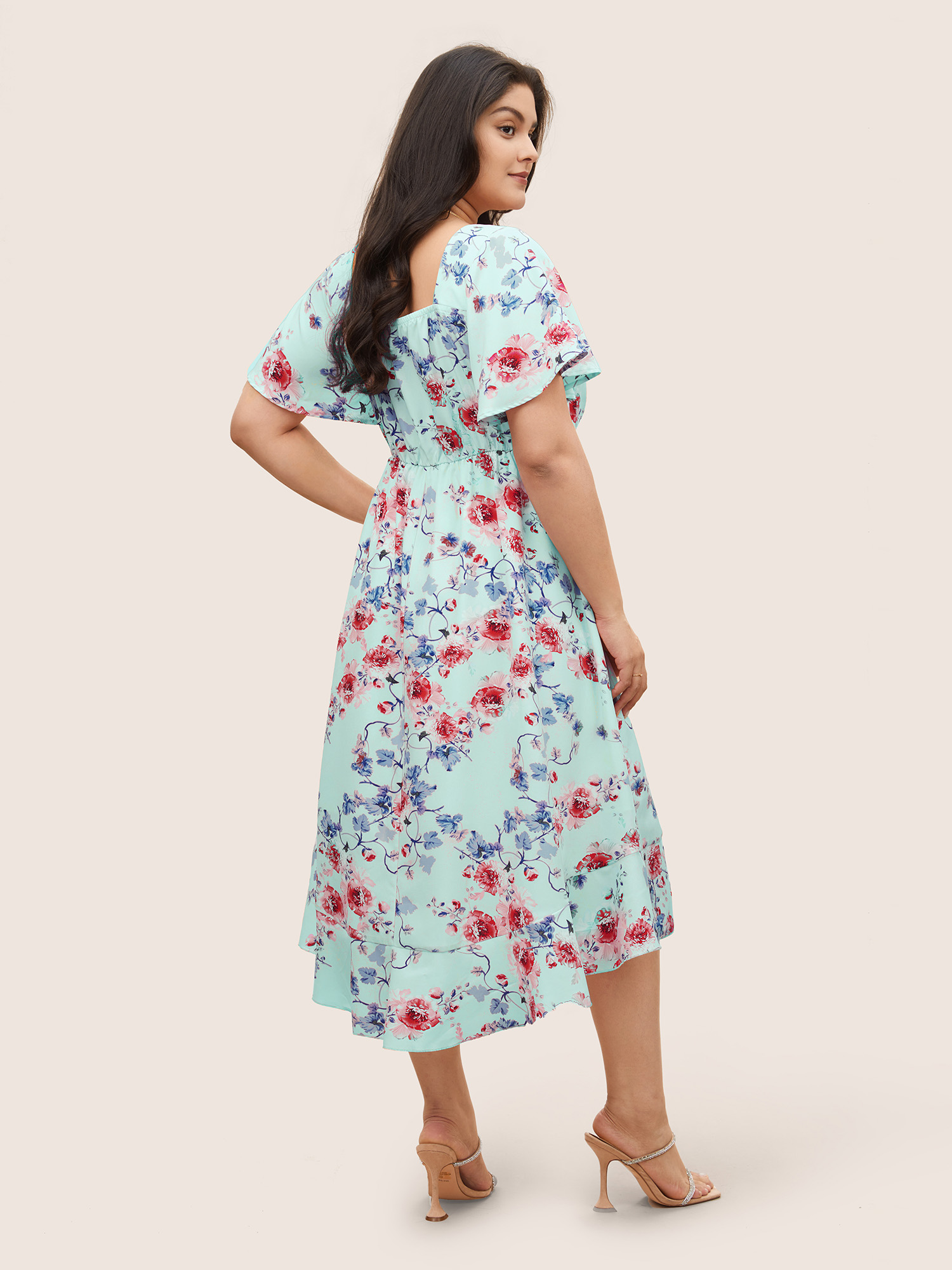 

Plus Size Square Neck Floral Print Gathered Drawstring Dress LightBlue Women Elegant Non Square Neck Short sleeve Curvy Midi Dress BloomChic