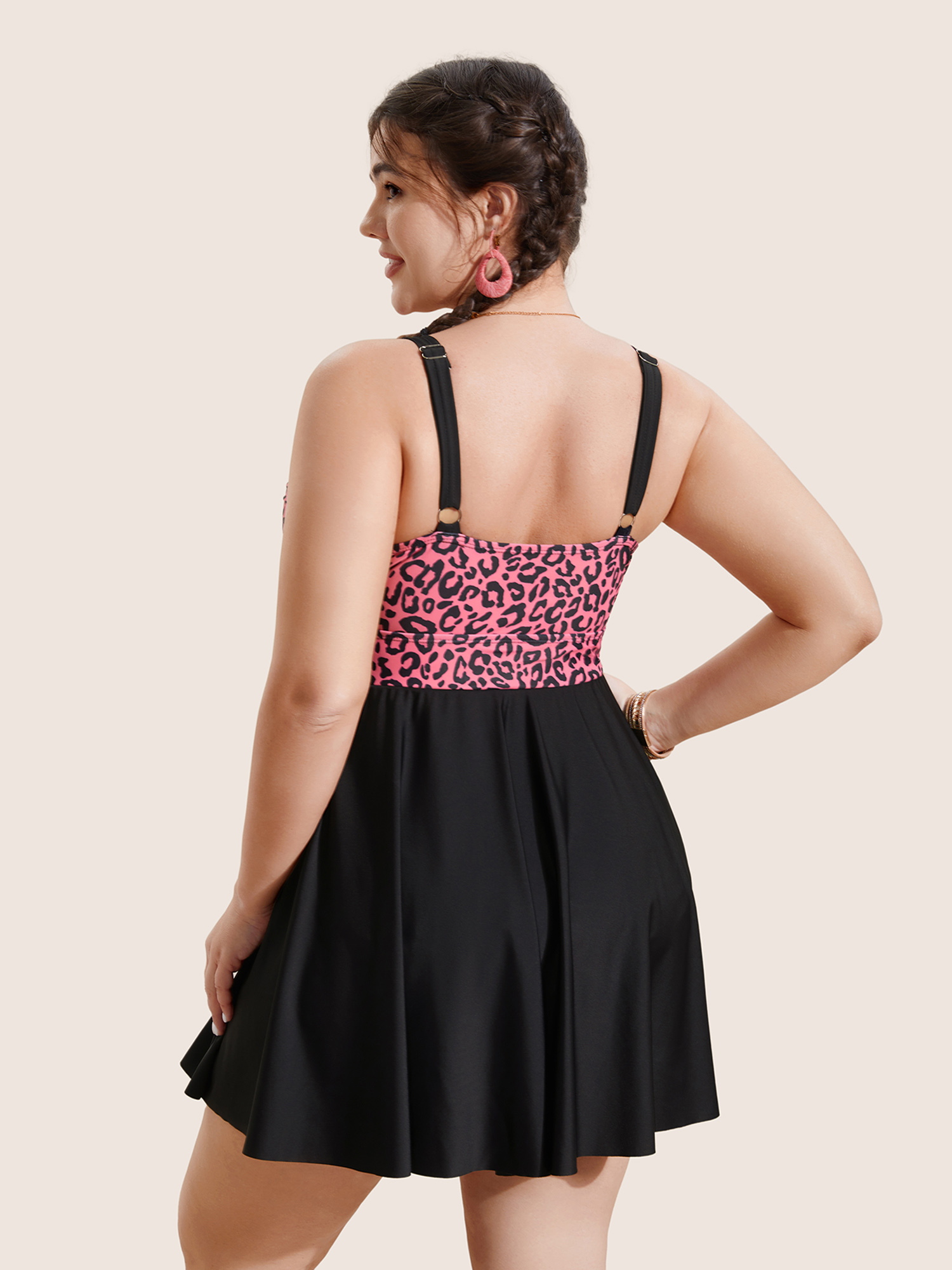 Plus Size Leopard Print Patchwork Tie Knot Swim Dress Women`s Swimwear Leopard Beach Bodycon Overlap Collar High stretch Curve Swim Dresses BloomChic 28/5X 