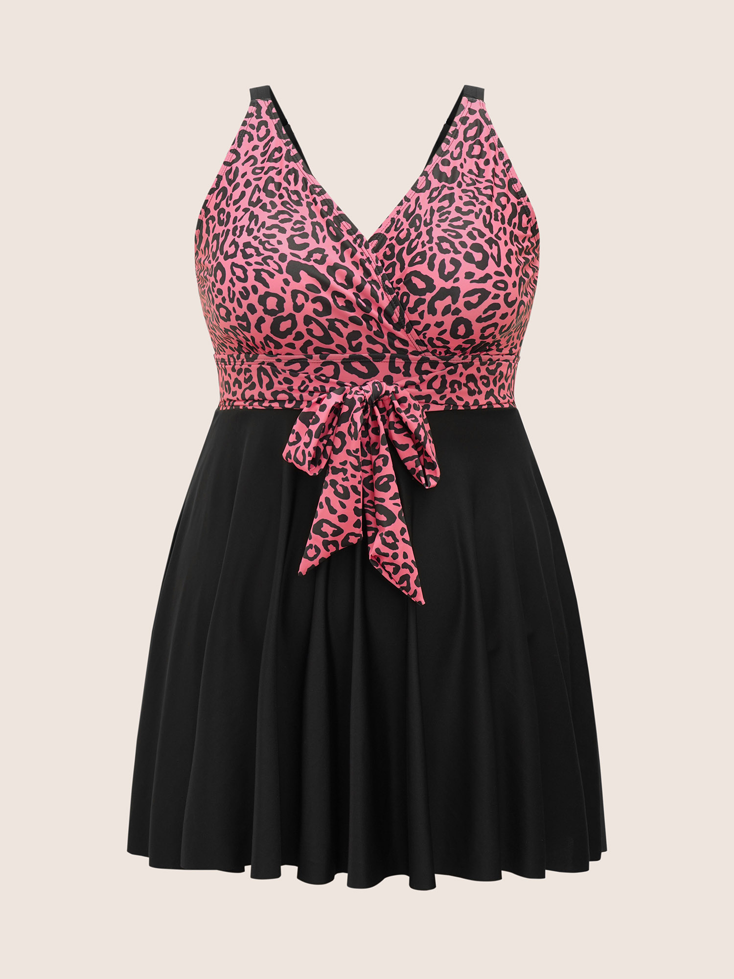 Plus Size Leopard Print Patchwork Tie Knot Swim Dress Women`s Swimwear Leopard Beach Bodycon Overlap Collar High stretch Curve Swim Dresses BloomChic 28/5X 