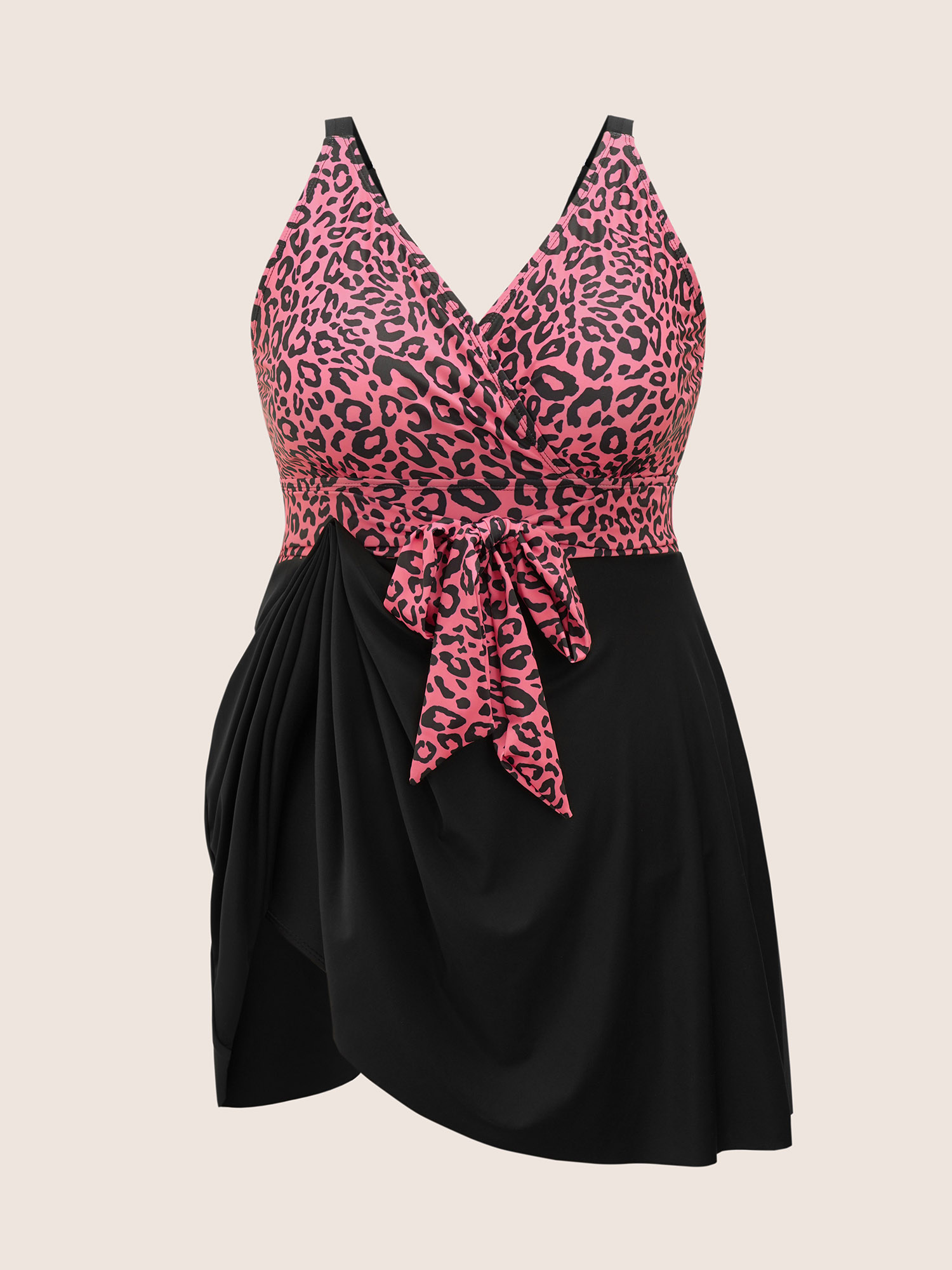Plus Size Leopard Print Patchwork Tie Knot Swim Dress Women`s Swimwear Leopard Beach Bodycon Overlap Collar High stretch Curve Swim Dresses BloomChic 28/5X 