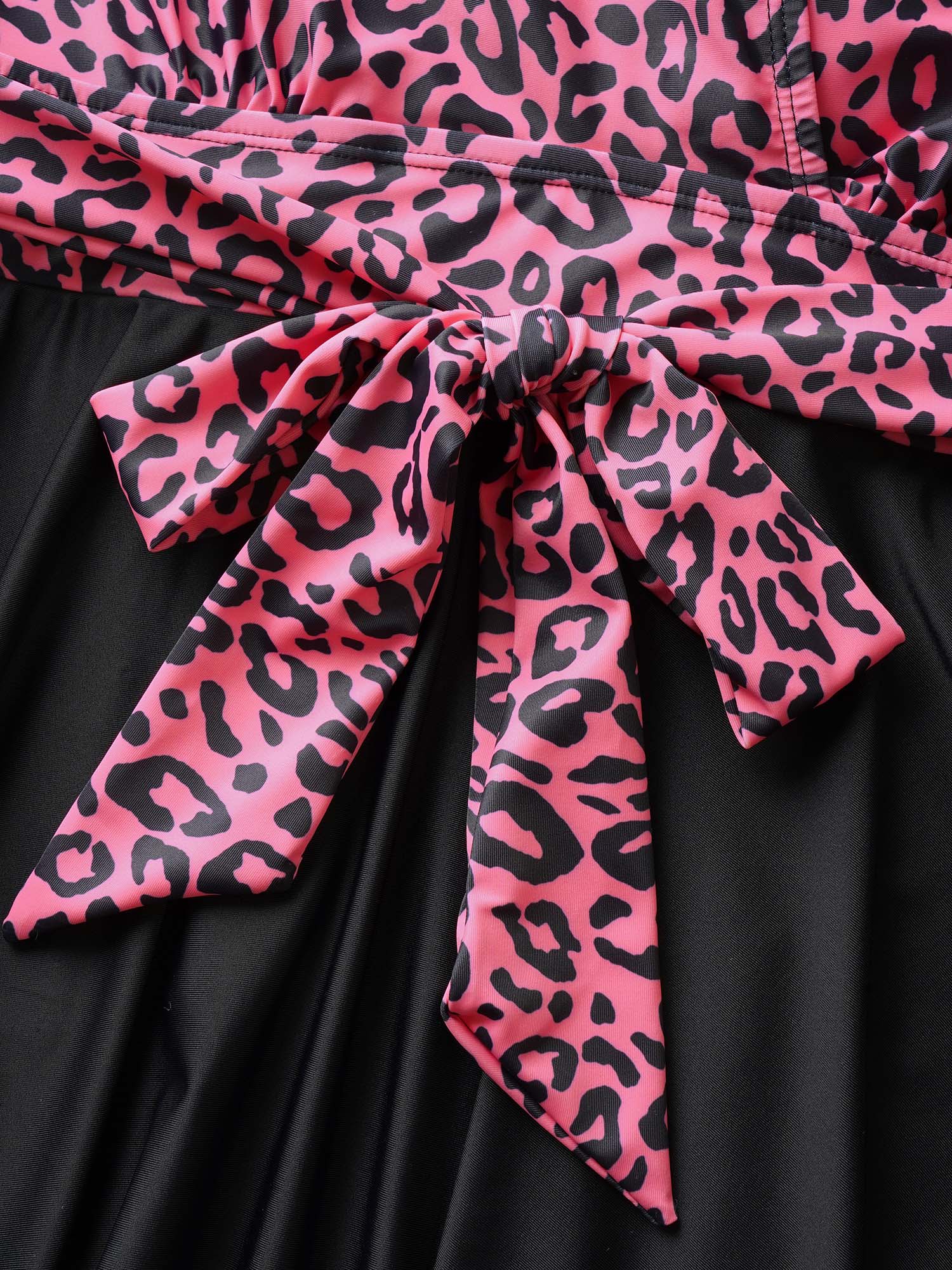 Plus Size Leopard Print Patchwork Tie Knot Swim Dress Women`s Swimwear Leopard Beach Bodycon Overlap Collar High stretch Curve Swim Dresses BloomChic 28/5X 