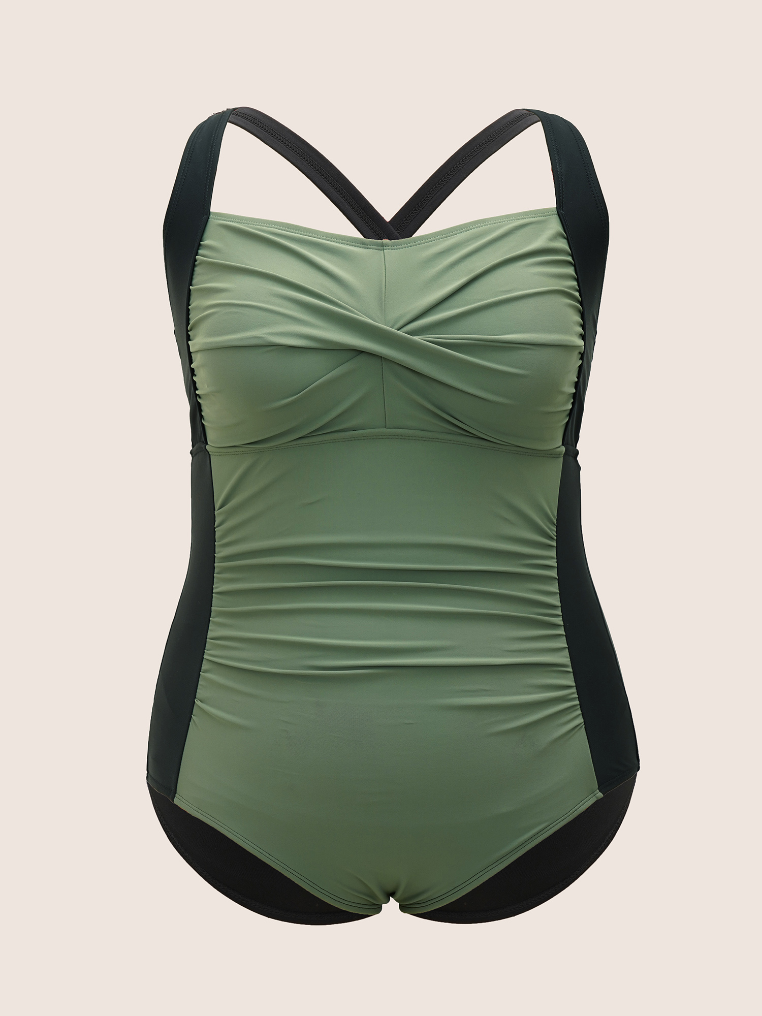 Plus Size Contrast Patchwork Twist Front One Piece Swimsuit Women`s Swimwear ArmyGreen Beach Twist Curve Bathing Suits High stretch One Pieces BloomChic 30/6X 