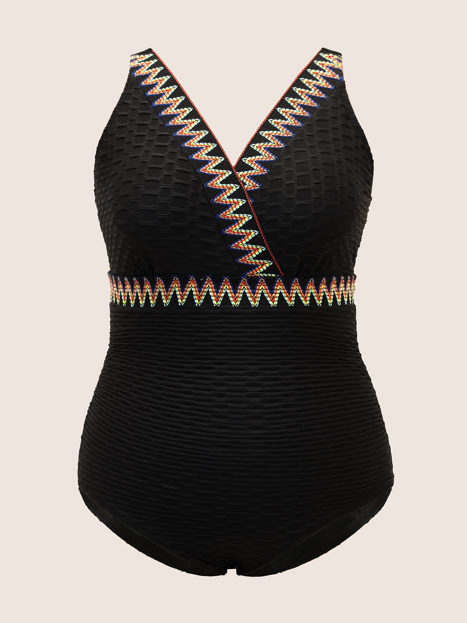 Plus Size Contrast Webbing Wrap One Piece Swimsuit Women`s Swimwear Black Beach Woven ribbon&lace trim Curve Bathing Suits High stretch One Pieces BloomChic 18-20/2X 