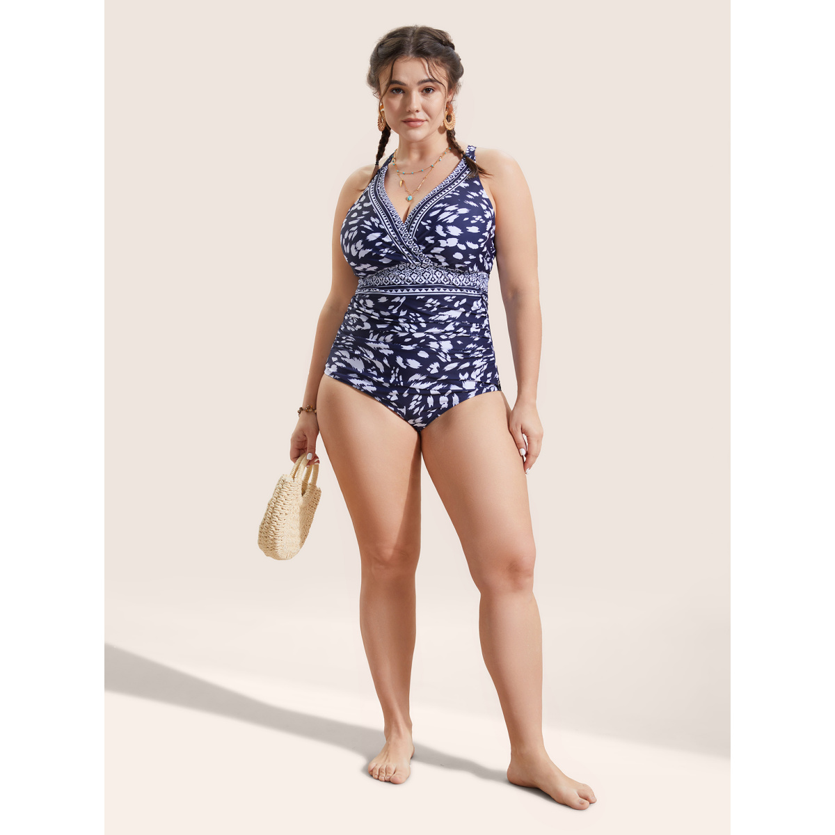 

Plus Size Bandana Print Wrap Ruched One Piece Swimsuit Women's Swimwear Indigo Beach Gathered Curve Bathing Suits High stretch One Pieces BloomChic