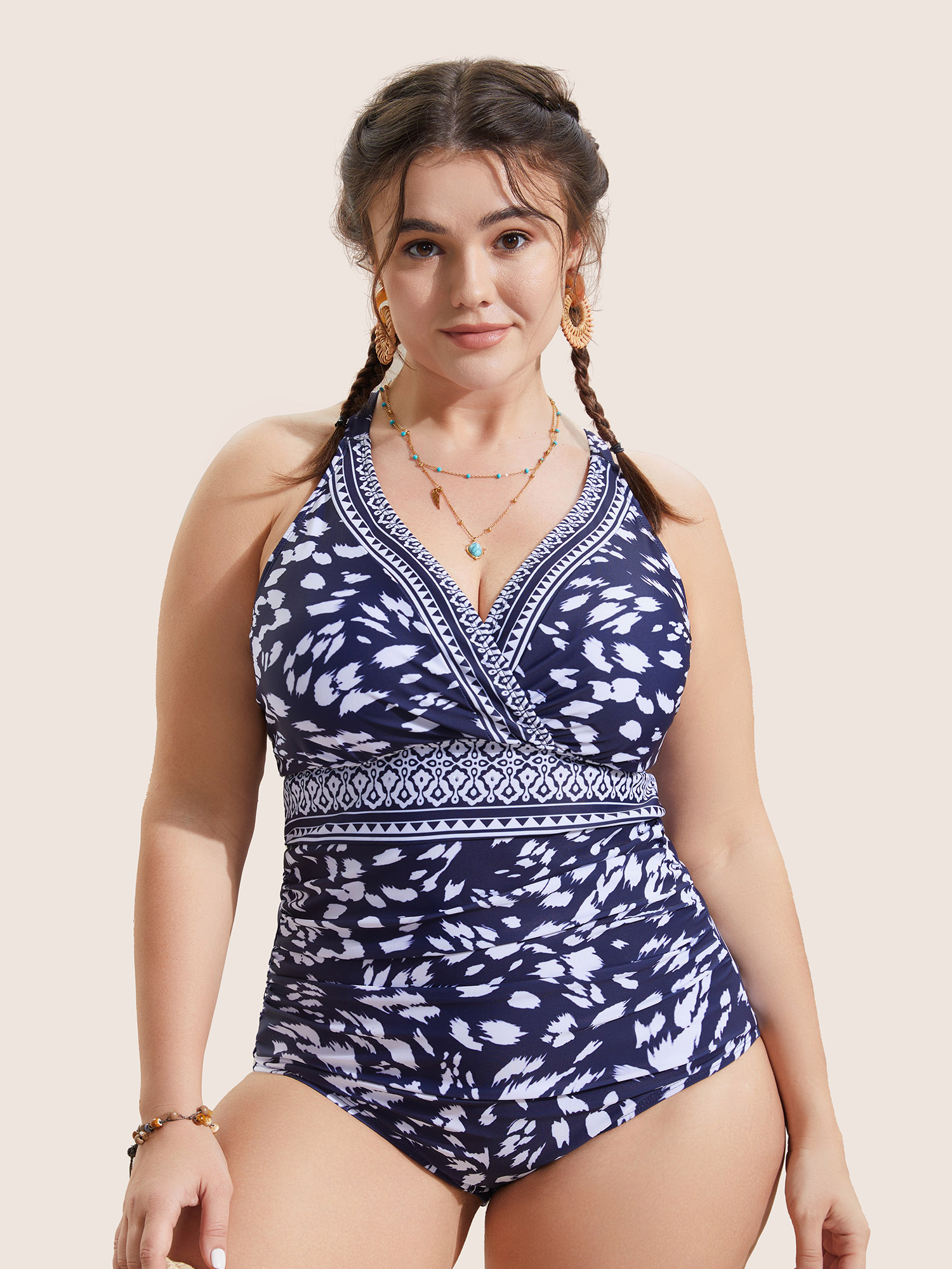 Plus Size Bandana Print Wrap Ruched One Piece Swimsuit Women's Swimwear Indigo Beach Gathered Curve Bathing Suits High stretch One Pieces BloomChic 14-16/1X
