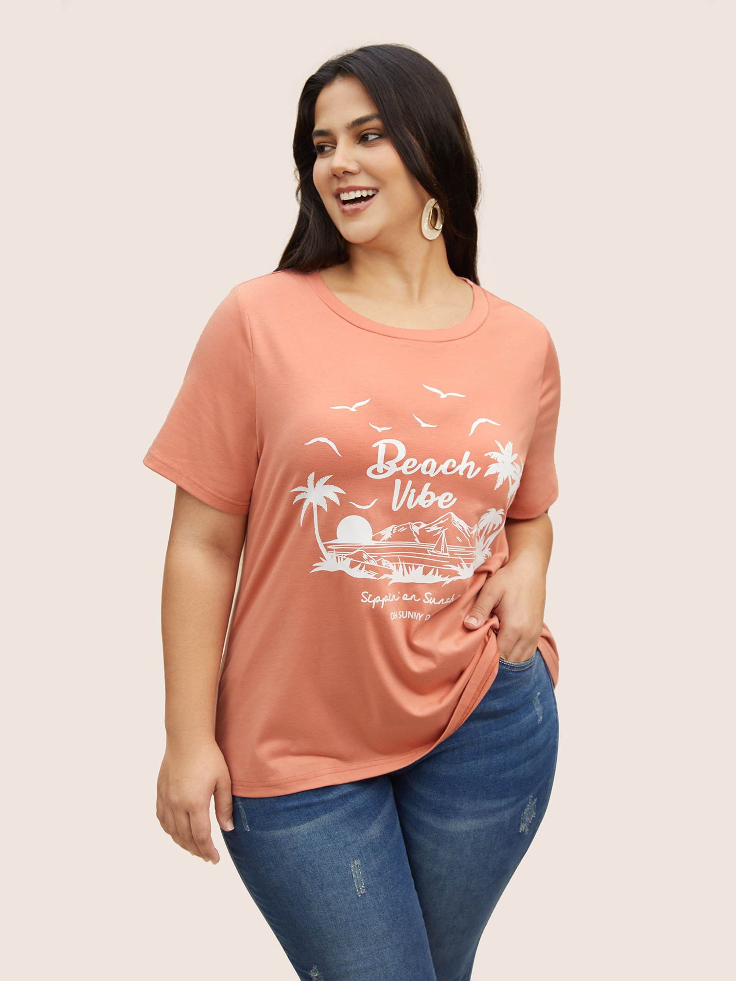 

Plus Size Tropical Coconut Tree Print Round Neck T-shirt Salmon Women Resort Contrast Art&design Round Neck Vacation T-shirts BloomChic