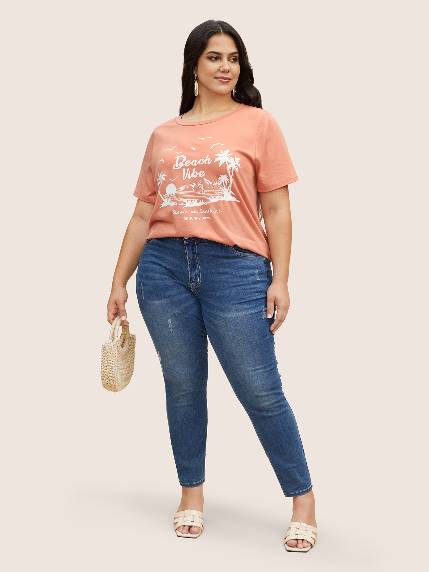 

Plus Size Tropical Coconut Tree Print Round Neck T-shirt Salmon Women Resort Contrast Art&design Round Neck Vacation T-shirts BloomChic