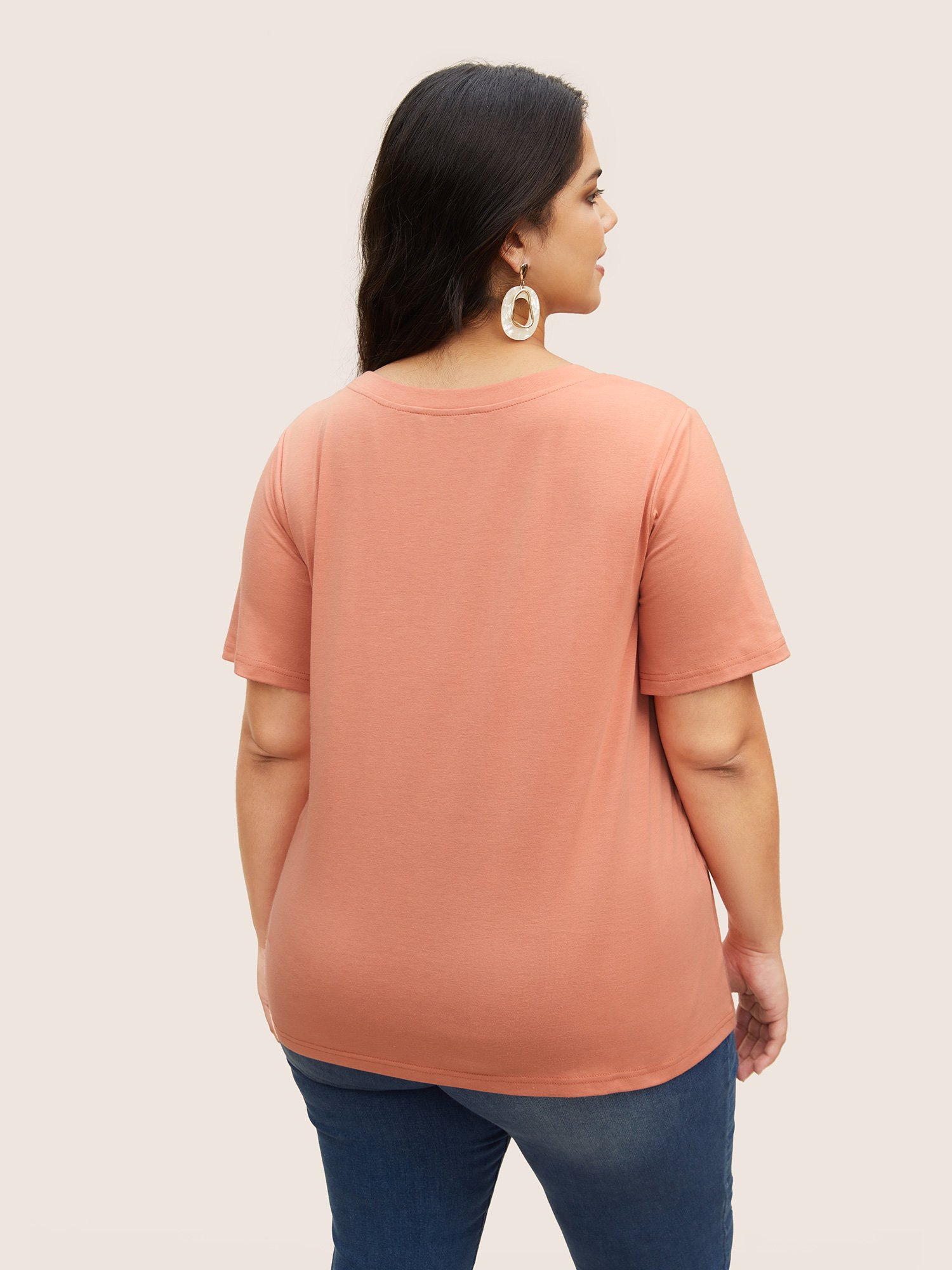 Plus Size Tropical Coconut Tree Print Round Neck T-shirt Salmon Women Resort Contrast Art&design Round Neck Vacation T-shirts BloomChic 30/6X 