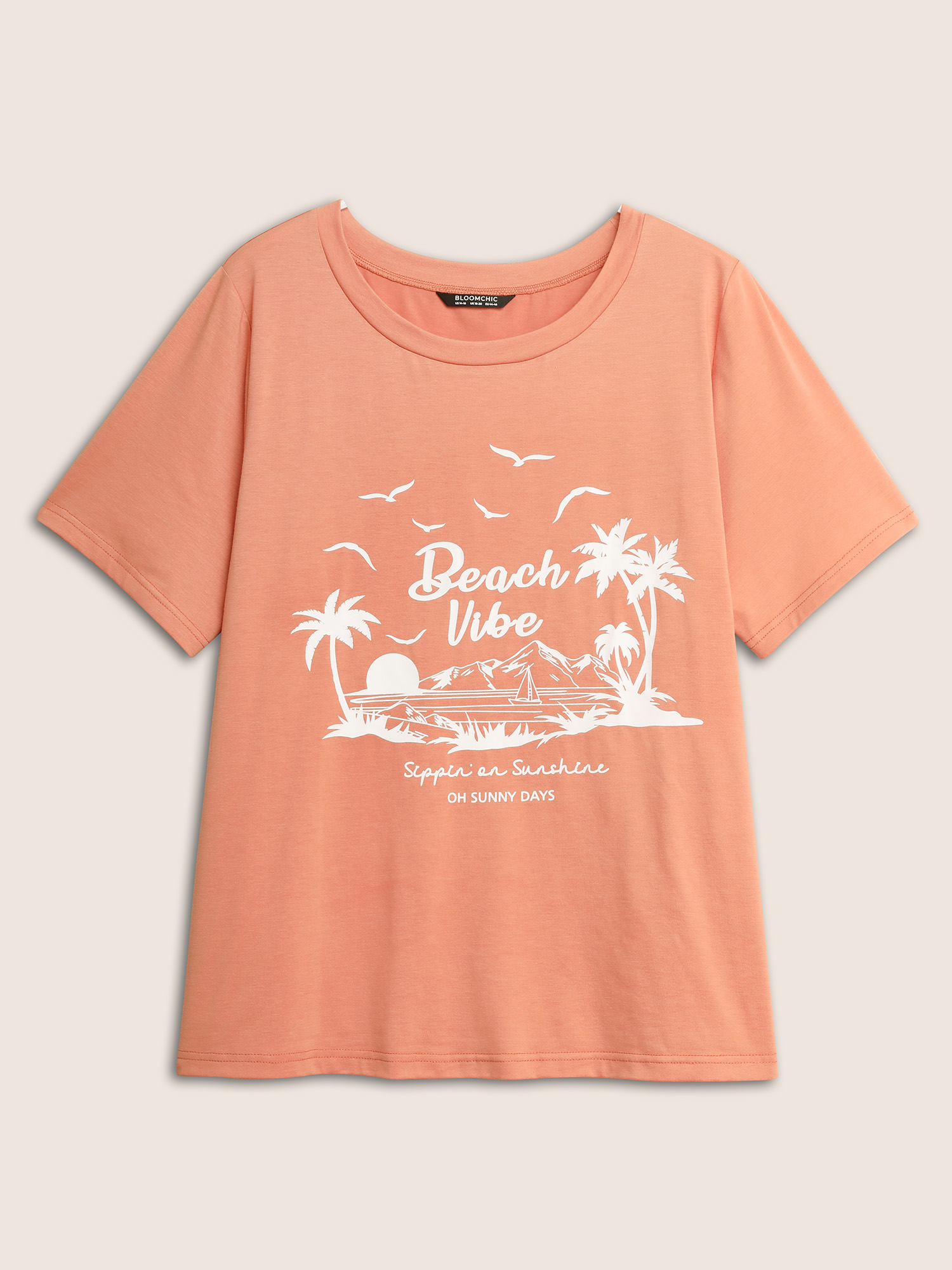 Plus Size Tropical Coconut Tree Print Round Neck T-shirt Salmon Women Resort Contrast Art&design Round Neck Vacation T-shirts BloomChic 30/6X 