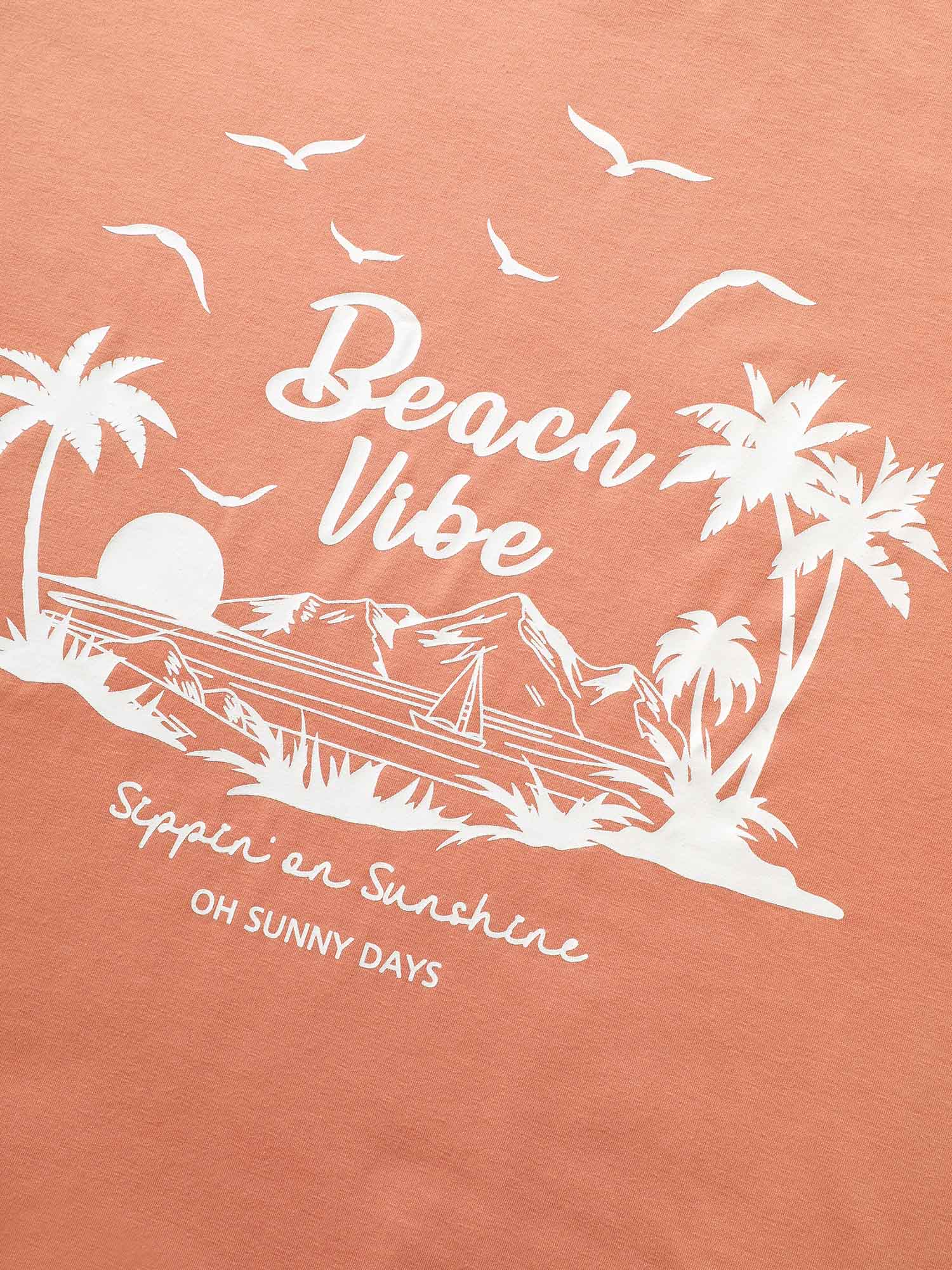 Plus Size Tropical Coconut Tree Print Round Neck T-shirt Salmon Women Resort Contrast Art&design Round Neck Vacation T-shirts BloomChic 30/6X 