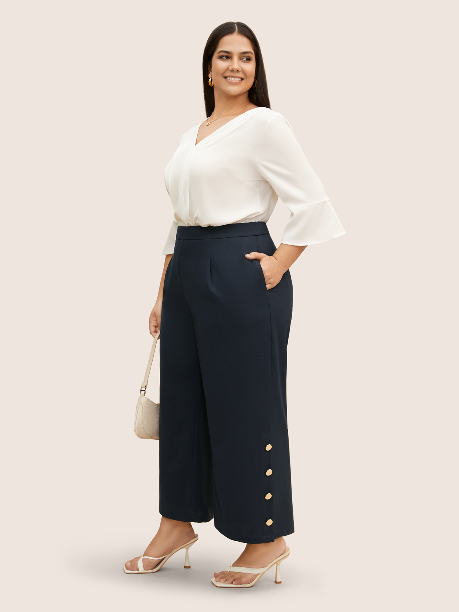 

Plus Size Metal Detail Wide Leg High Rise Pants Women Midnight At the Office Wide Leg High Rise Work Pants BloomChic