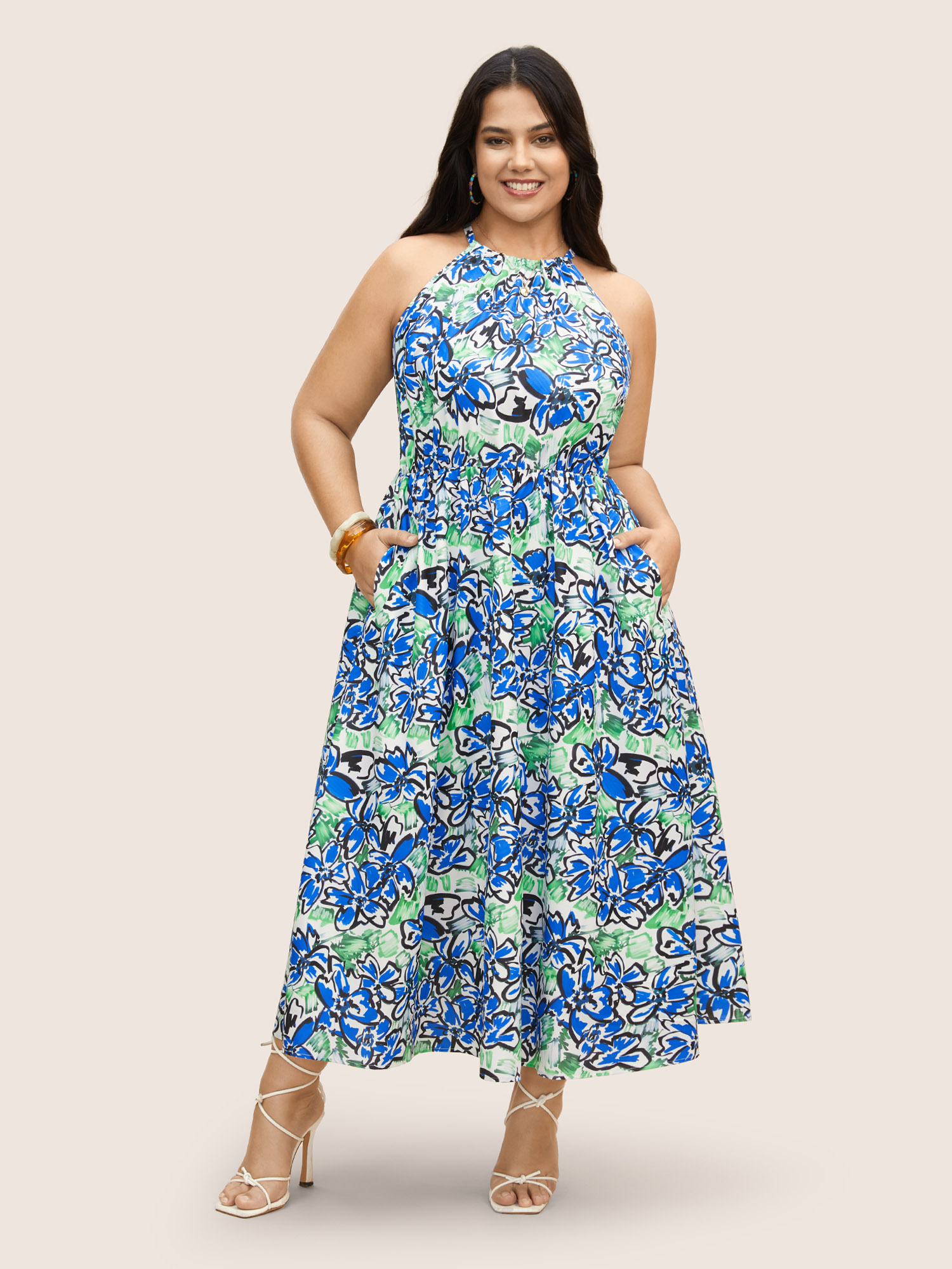 

Plus Size Floral Print Elastic Waist Pocket Halter Neck Dress Mint Women Resort Non Halter neck Sleeveless Curvy BloomChic