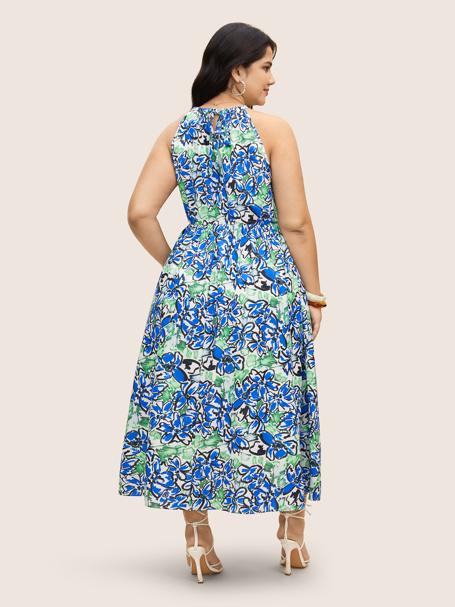 Plus Size Floral Print Elastic Waist Pocket Halter Neck Dress Mint Women Resort Non Halter neck Sleeveless Curvy BloomChic 18-20/2X 