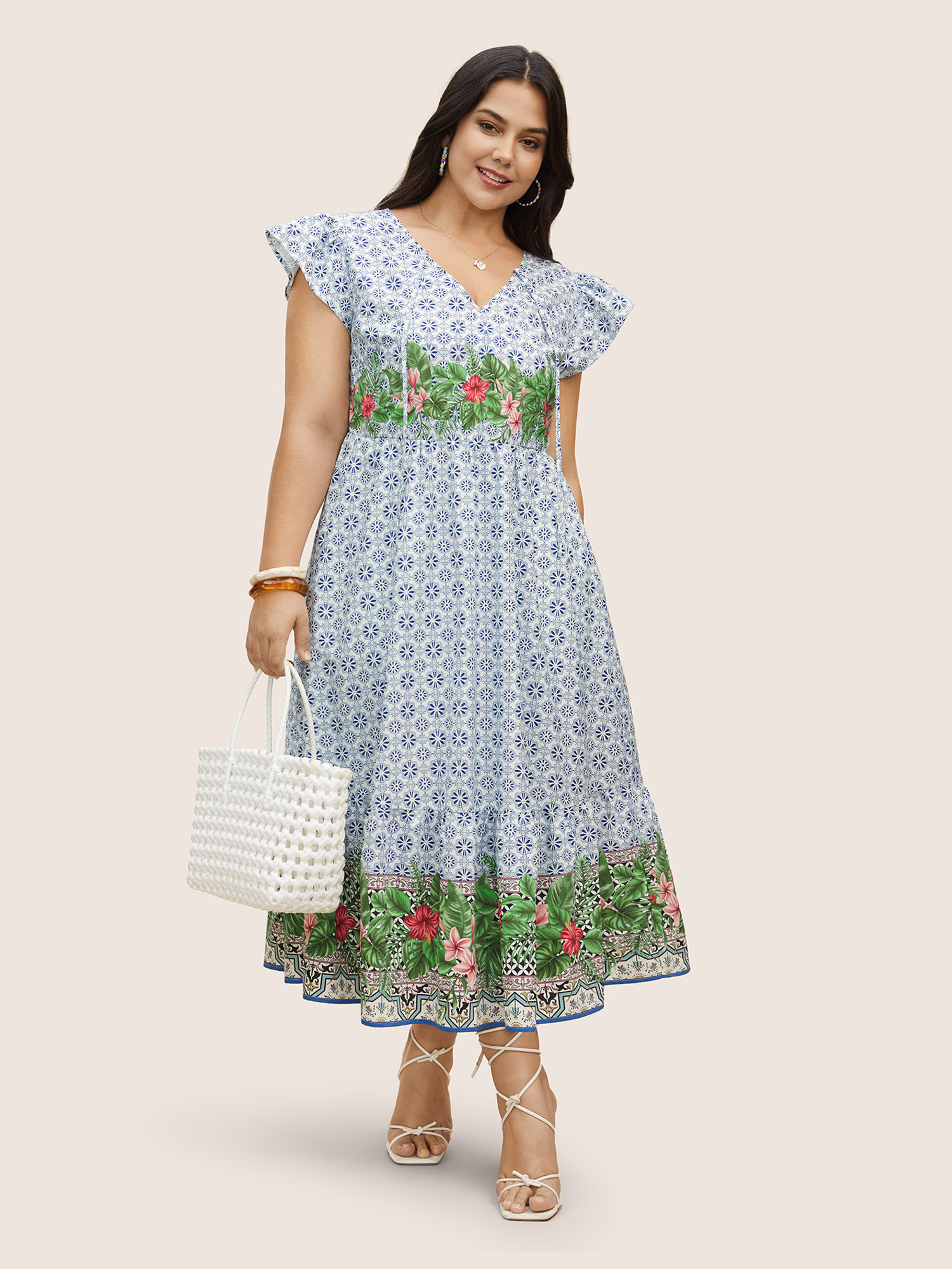 

Plus Size Bandana Print Tie Knot Ruffle Cap Sleeve Dress LightBlue Women Resort Tie knot V-neck Cap Sleeve Curvy BloomChic