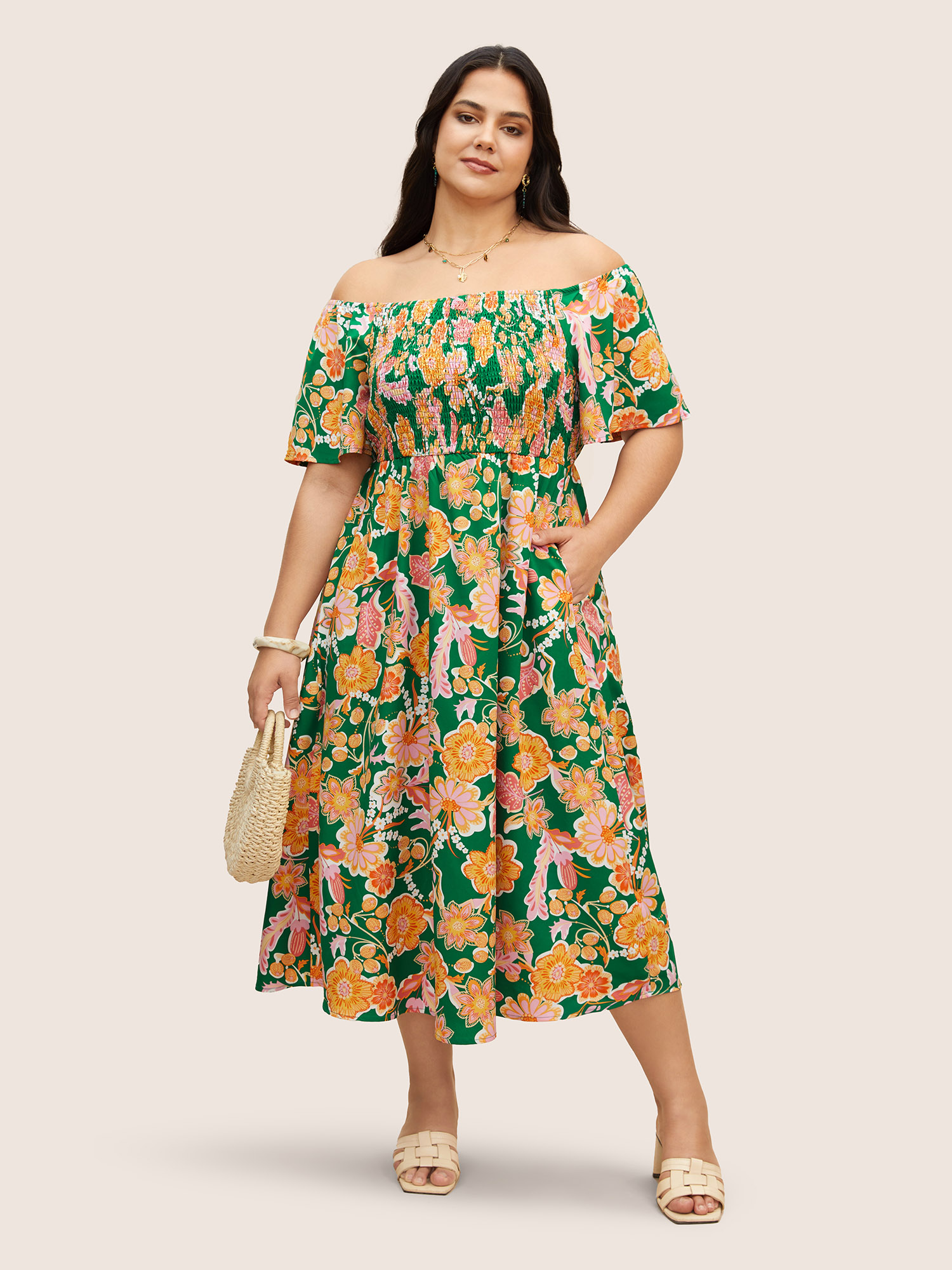 

Plus Size Floral Shirred Off Shoulder Flutter Sleeve Dress Green Women Resort Shirred One-shoulder neck Short sleeve Curvy BloomChic