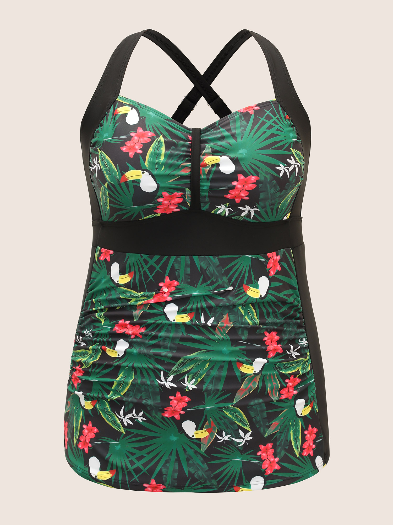 Plus Size Tropical Print Patchwork Gathered Swim Top Women`s Swimwear Black Beach Gathered High stretch Skinny Heart neckline Curve Swim Tops BloomChic 26/4X 