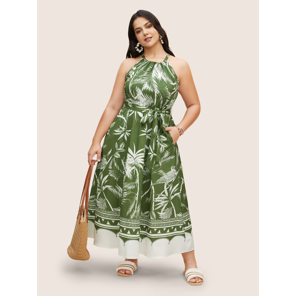 

Plus Size Halter Coconut Pattern Front Pocket Dress Moss Women Gathered Halter neck Sleeveless Curvy BloomChic