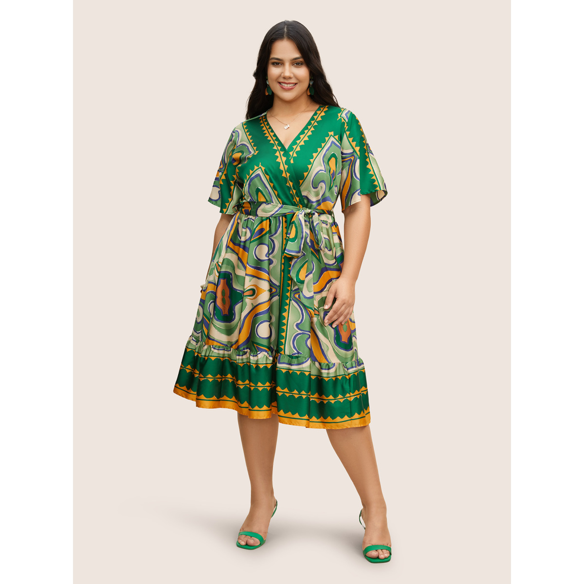 

Plus Size Abstract Print Gathered Overlapping Belted Dress Green Women Overlapping V-neck Short sleeve Curvy BloomChic