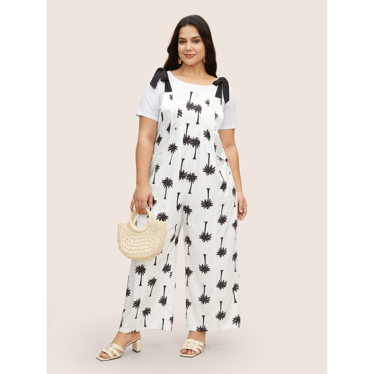 

Plus Size White Coconut Tree Print Tie Knot Jumpsuit Women Resort Sleeveless Non Vacation Loose Jumpsuits BloomChic