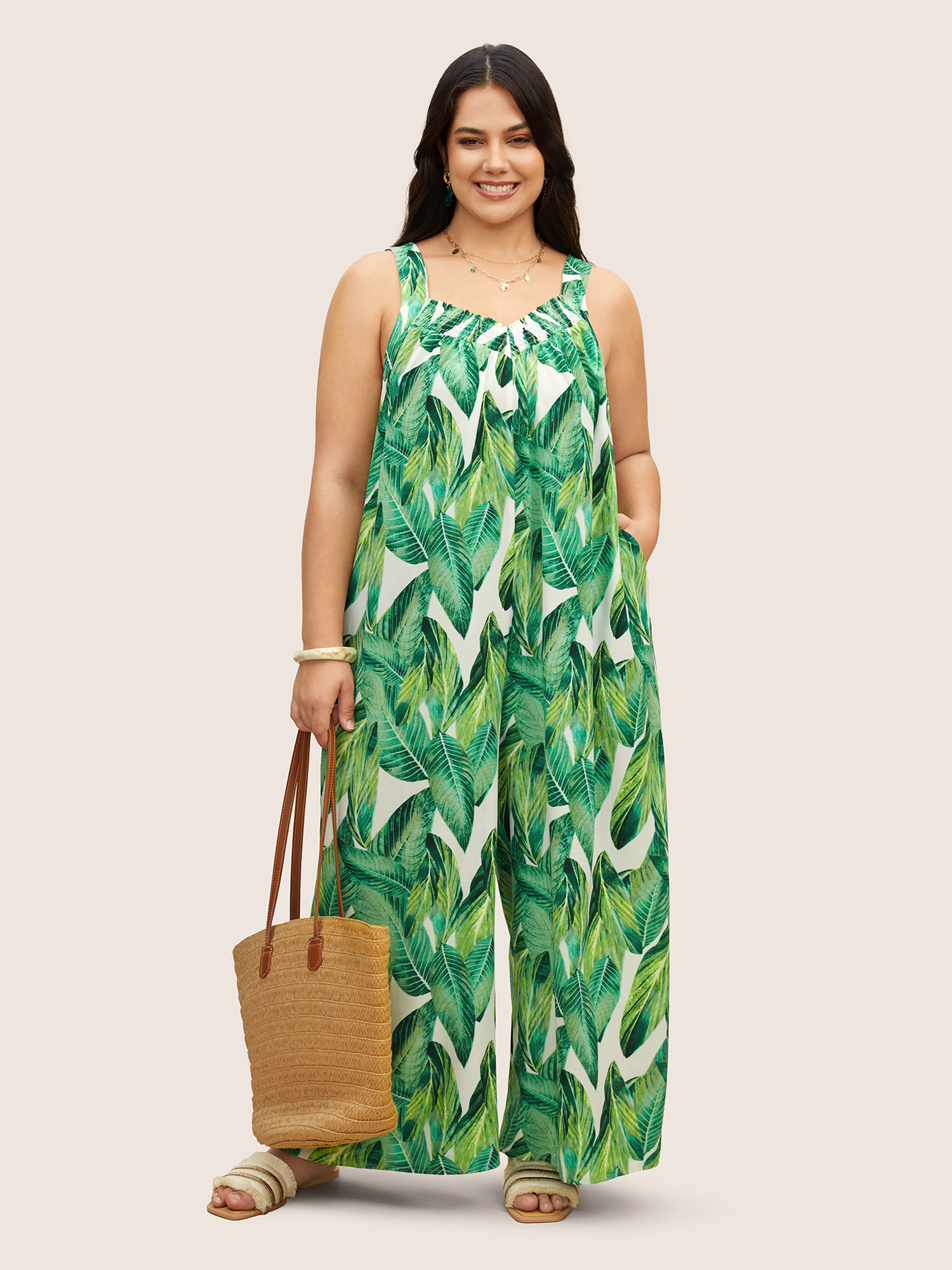

Plus Size Green Tropical Print Shirred Side Seam Pocket Jumpsuit Women Resort Sleeveless Non Vacation Loose Jumpsuits BloomChic
