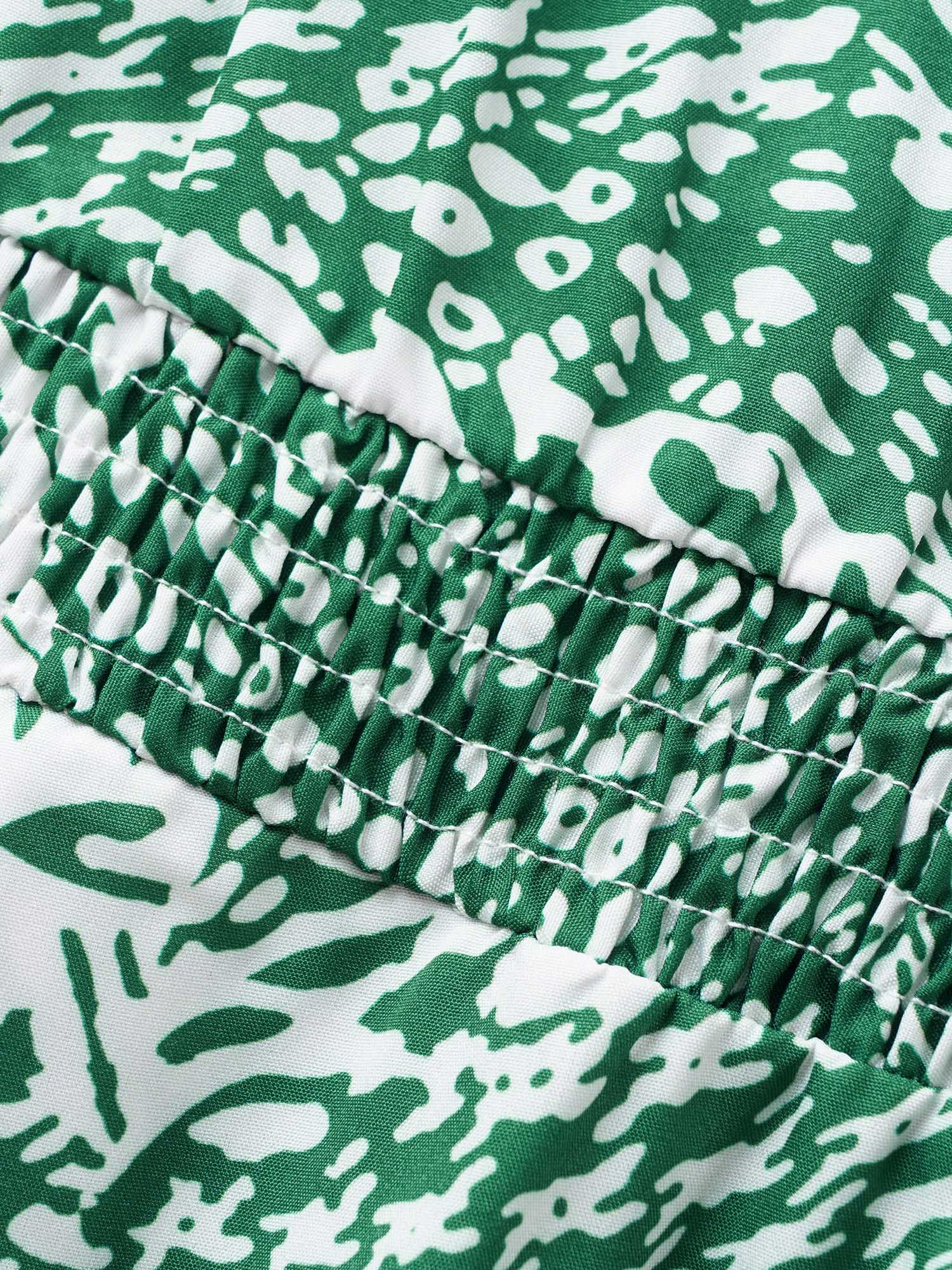 Plus Size Leopard Print Shirred Lantern Sleeve Dress Green Women Shirred V-neck Half Sleeve Curvy BloomChic 12/L 