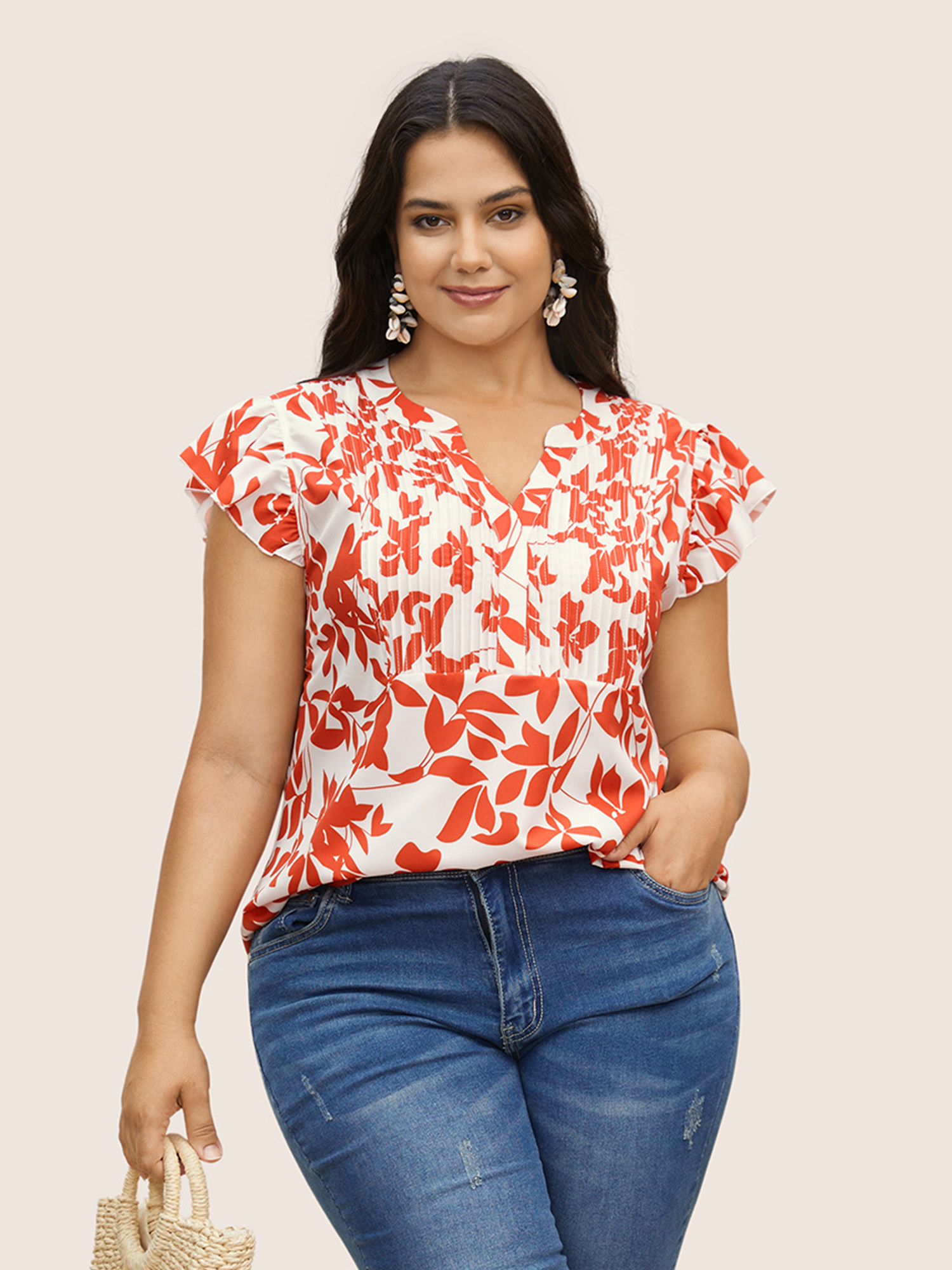 

Plus Size OrangeRed Silhouette Floral Print Notched Collar Pleated Blouse Women Resort Cap Sleeve Notched collar Vacation Blouses BloomChic
