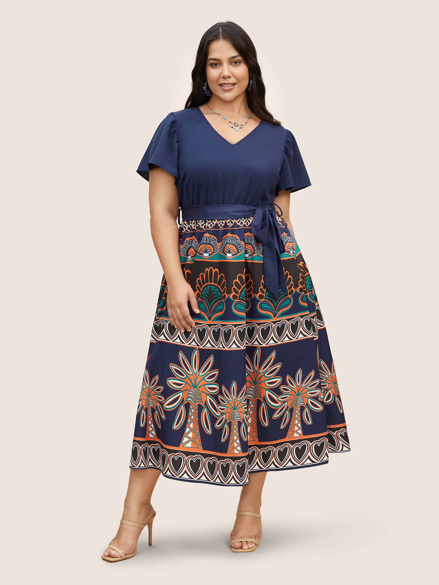 

Plus Size Boho Print Patchwork Ruffle Sleeve Dress DarkBlue Women Resort Belted V-neck Short sleeve Curvy BloomChic