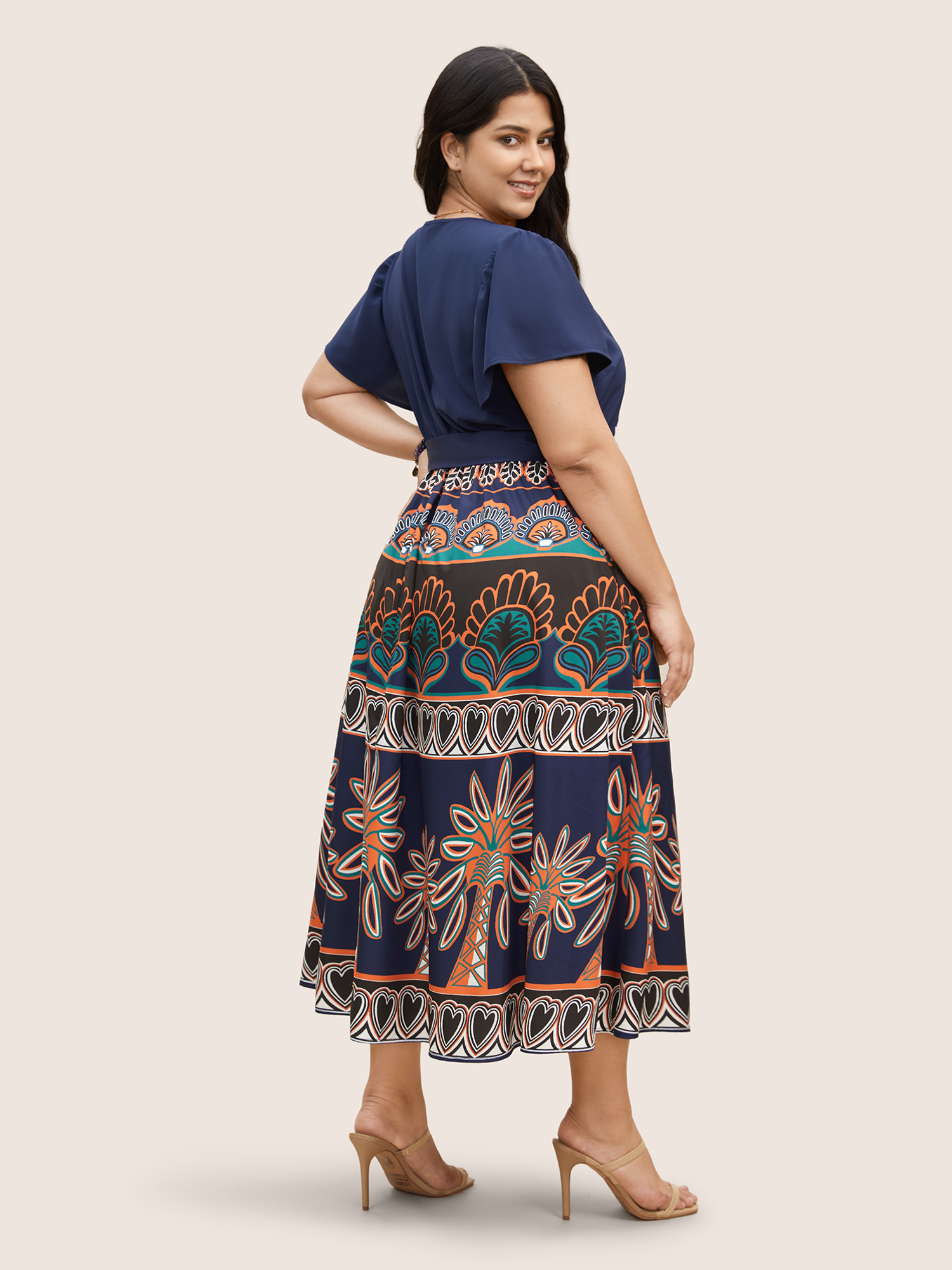 Plus Size Boho Print Patchwork Ruffle Sleeve Dress DarkBlue Women Resort Belted V-neck Short sleeve Curvy BloomChic 10/M 