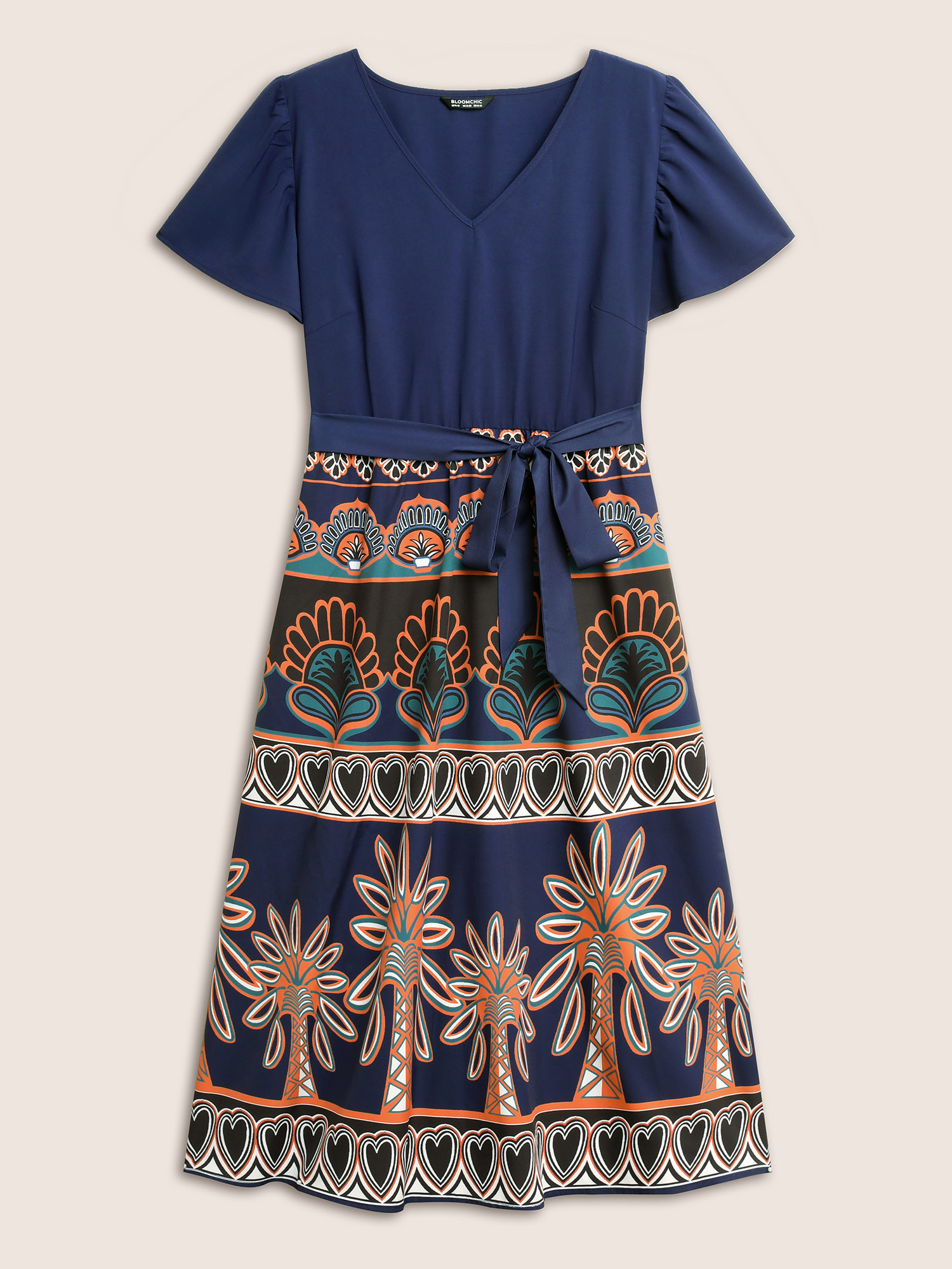 Plus Size Boho Print Patchwork Ruffle Sleeve Dress DarkBlue Women Resort Belted V-neck Short sleeve Curvy BloomChic 10/M 