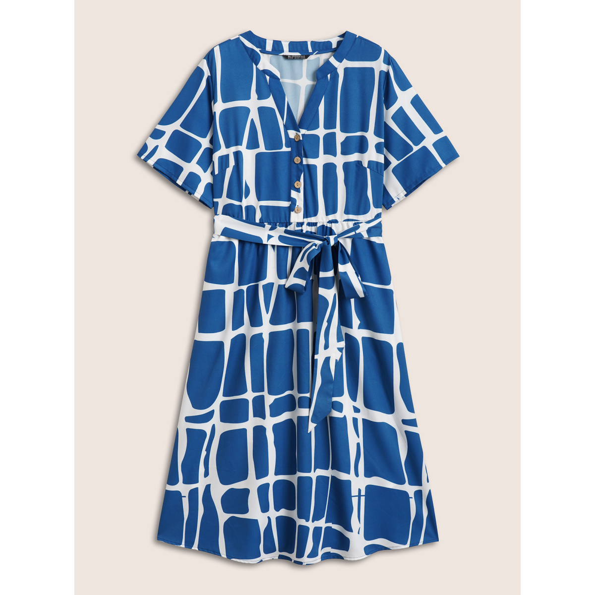 

Plus Size Geometric Print Notched Belted Button Up Dress DarkBlue Women Belted Notched collar Short sleeve Curvy BloomChic